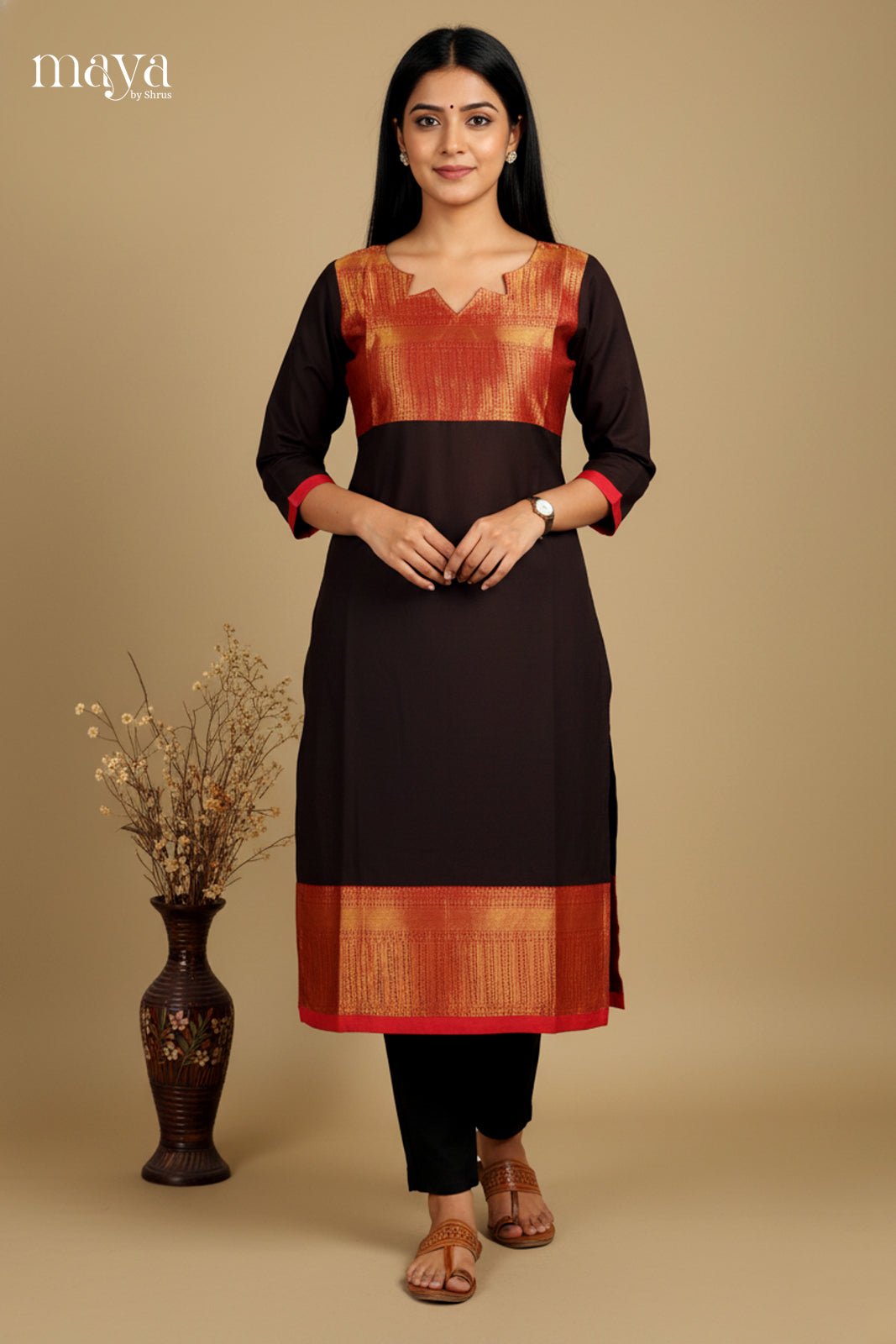 Stunning Brown Readymade Chettinad Kurti with Solid Design & Zari Border 1
