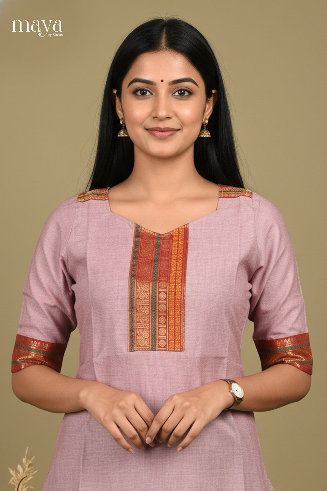 Chic Mauve Readymade Chettinad Kurti with Solid Design & Maroon Zari Border