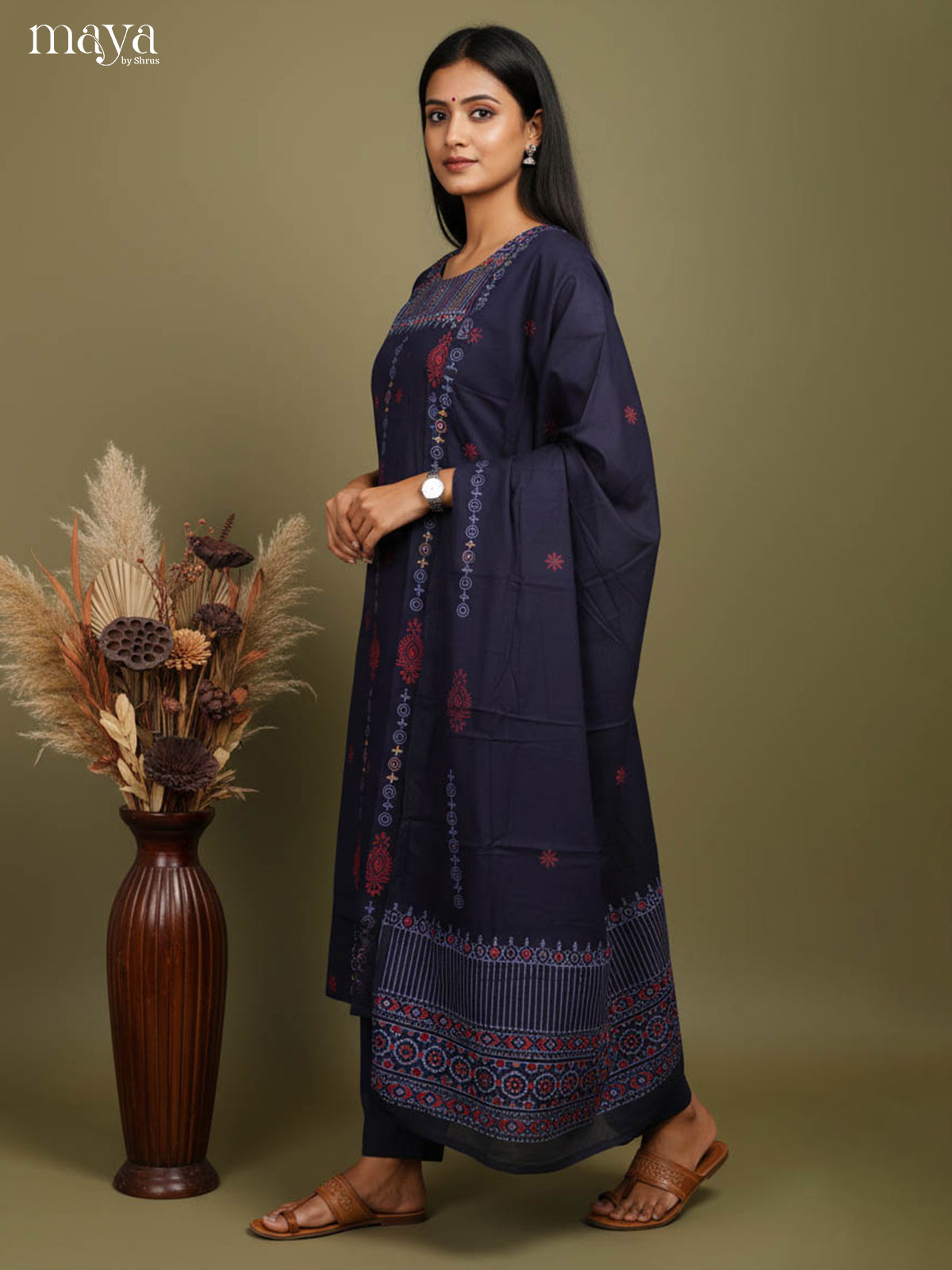 Pretty Navy Blue Block Printed Salwar Suit with Yoke Neck