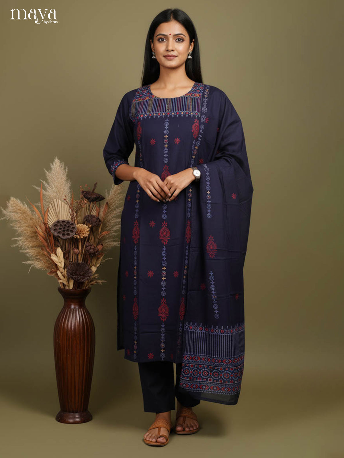Pretty Navy Blue Block Printed Salwar Suit with Yoke Neck