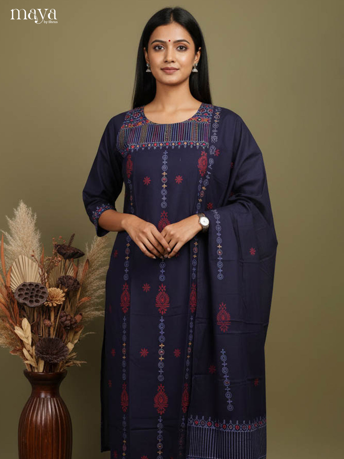 Pretty Navy Blue Block Printed Salwar Suit with Yoke Neck