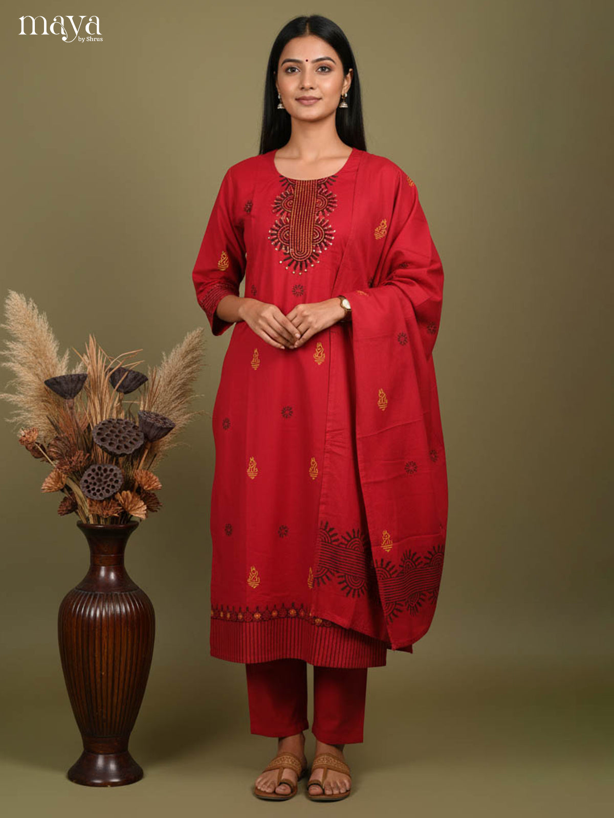 Vibrant Red Readymade Salwar Set with Embroidered Neck & Printed Dupatta