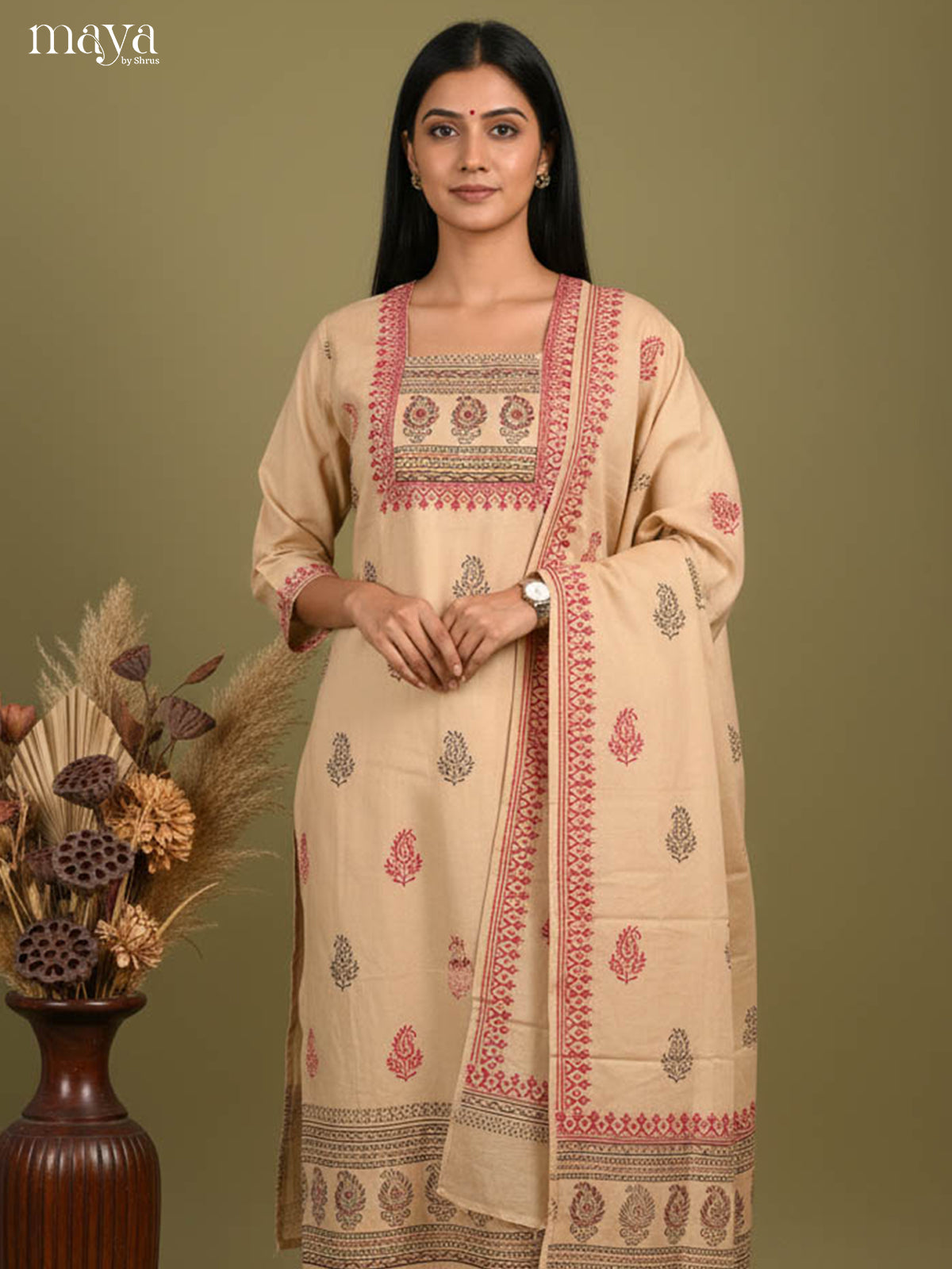 Subtle Beige Readymade Salwar Suit With Block Prints