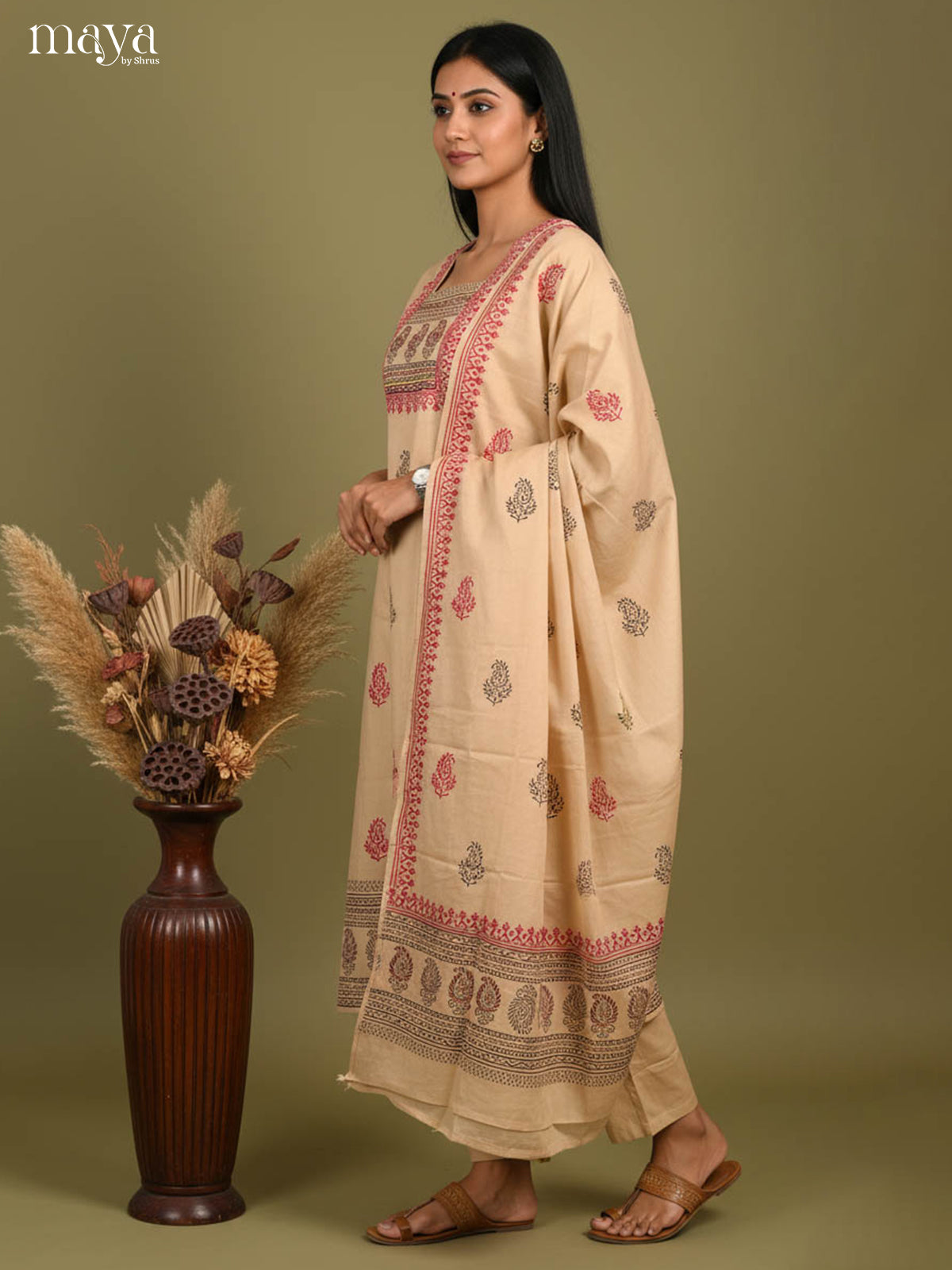 Subtle Beige Readymade Salwar Suit With Block Prints