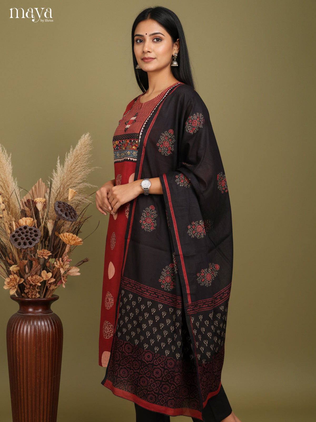 Red & black ajrakh printed Readymade 3 Piece