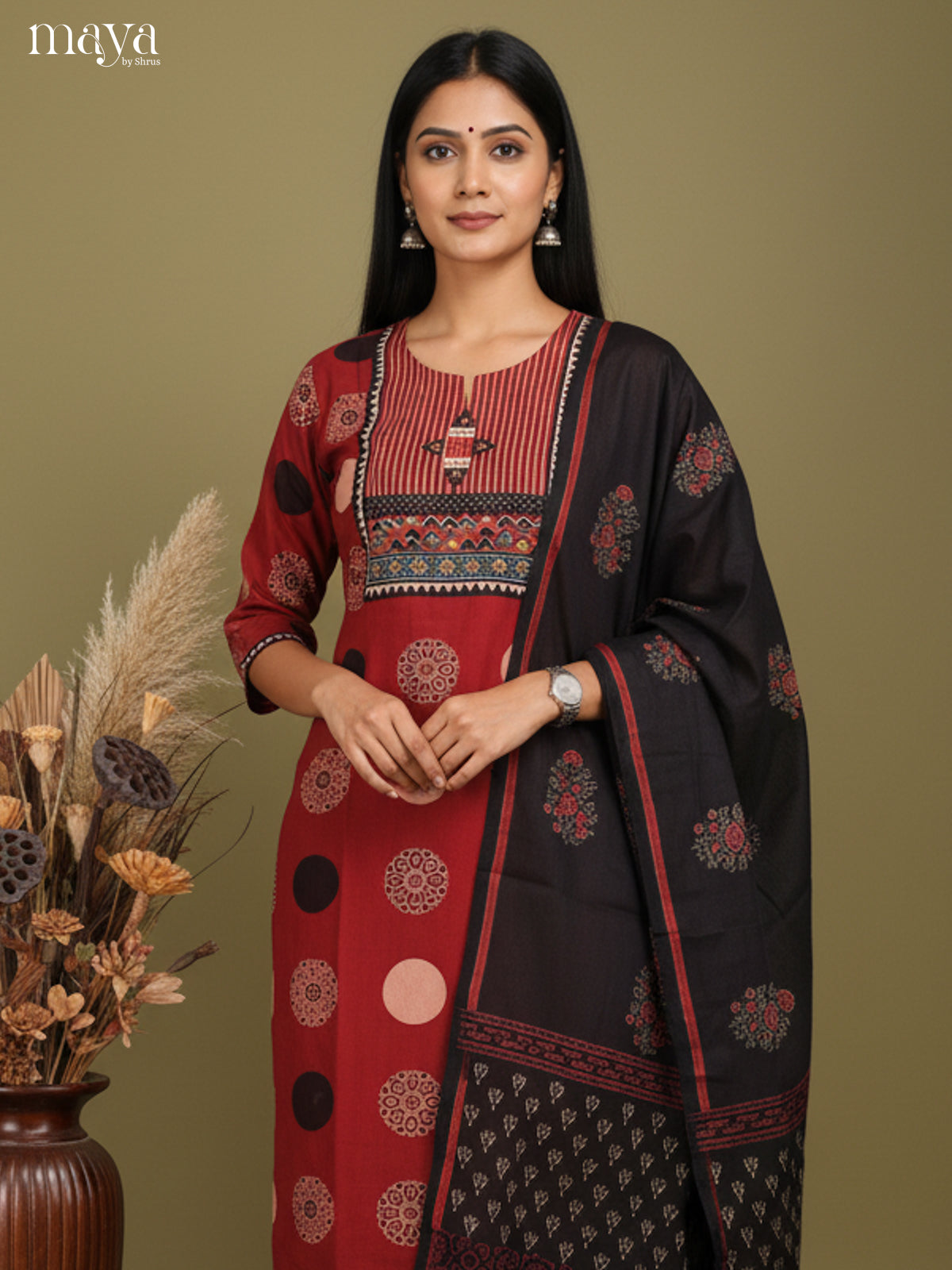 Red & black ajrakh printed Readymade 3 Piece