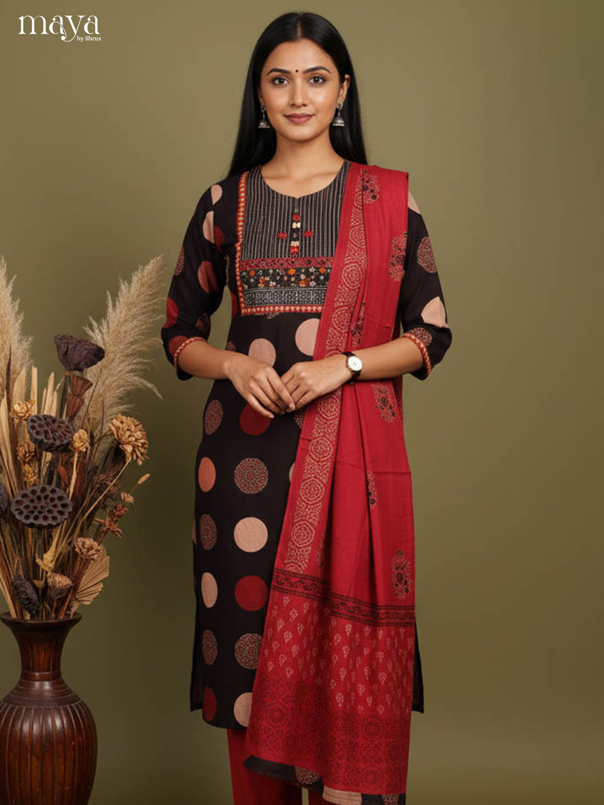 Comfy Brown Readymade Salwar Suit with Polka Prints & Red Dupatta