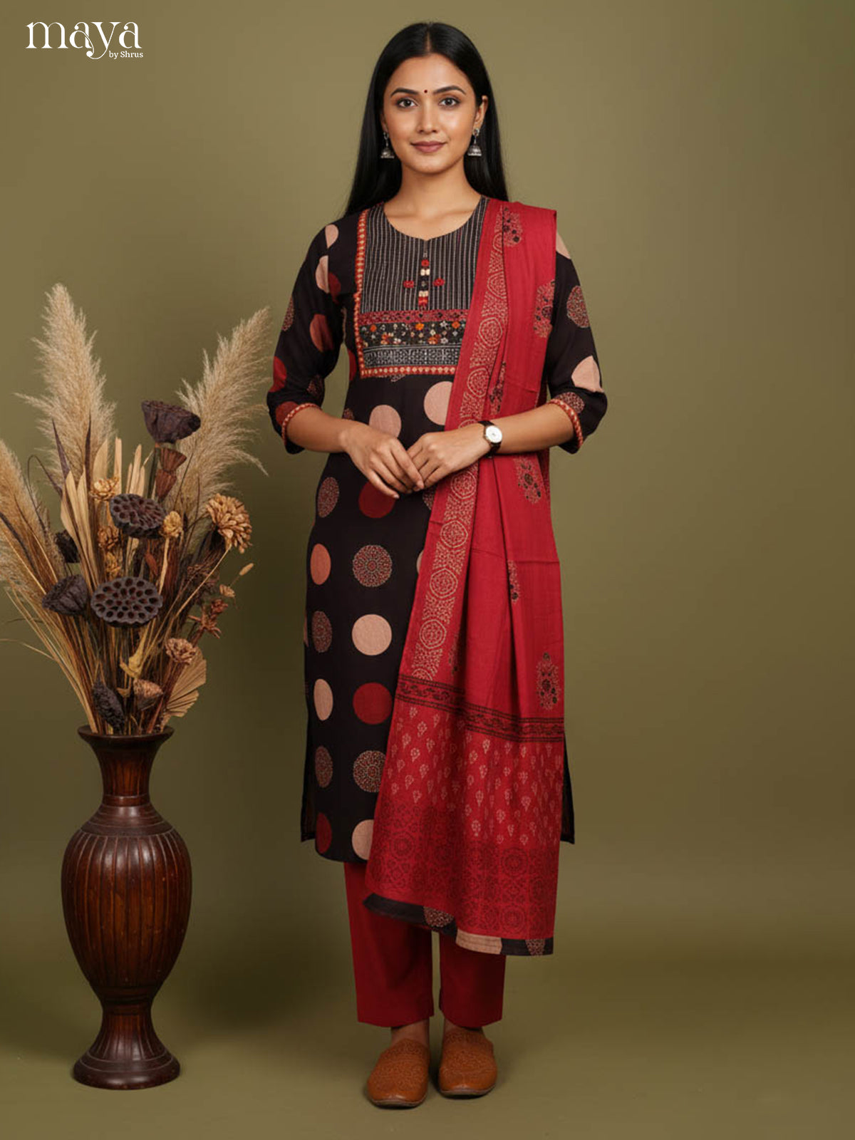 Comfy Brown Readymade Salwar Suit with Polka Prints & Red Dupatta