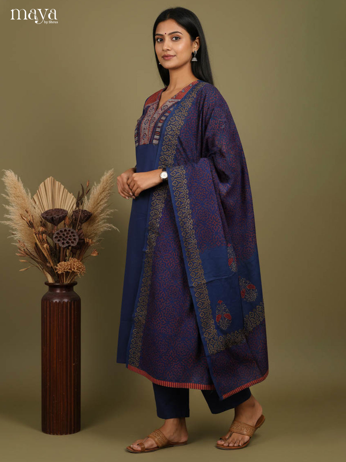 Elegant Navy Blue Readymade 3 Piece Salwar Set with V Neck & Floral Printed Dupatta