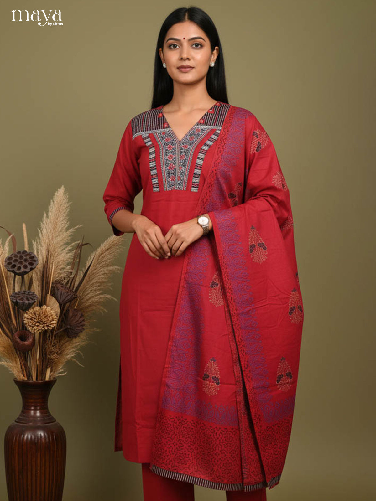 Vivid Red Readymade 3 Piece Salwar Set with V Neck & Floral Printed Dupatta