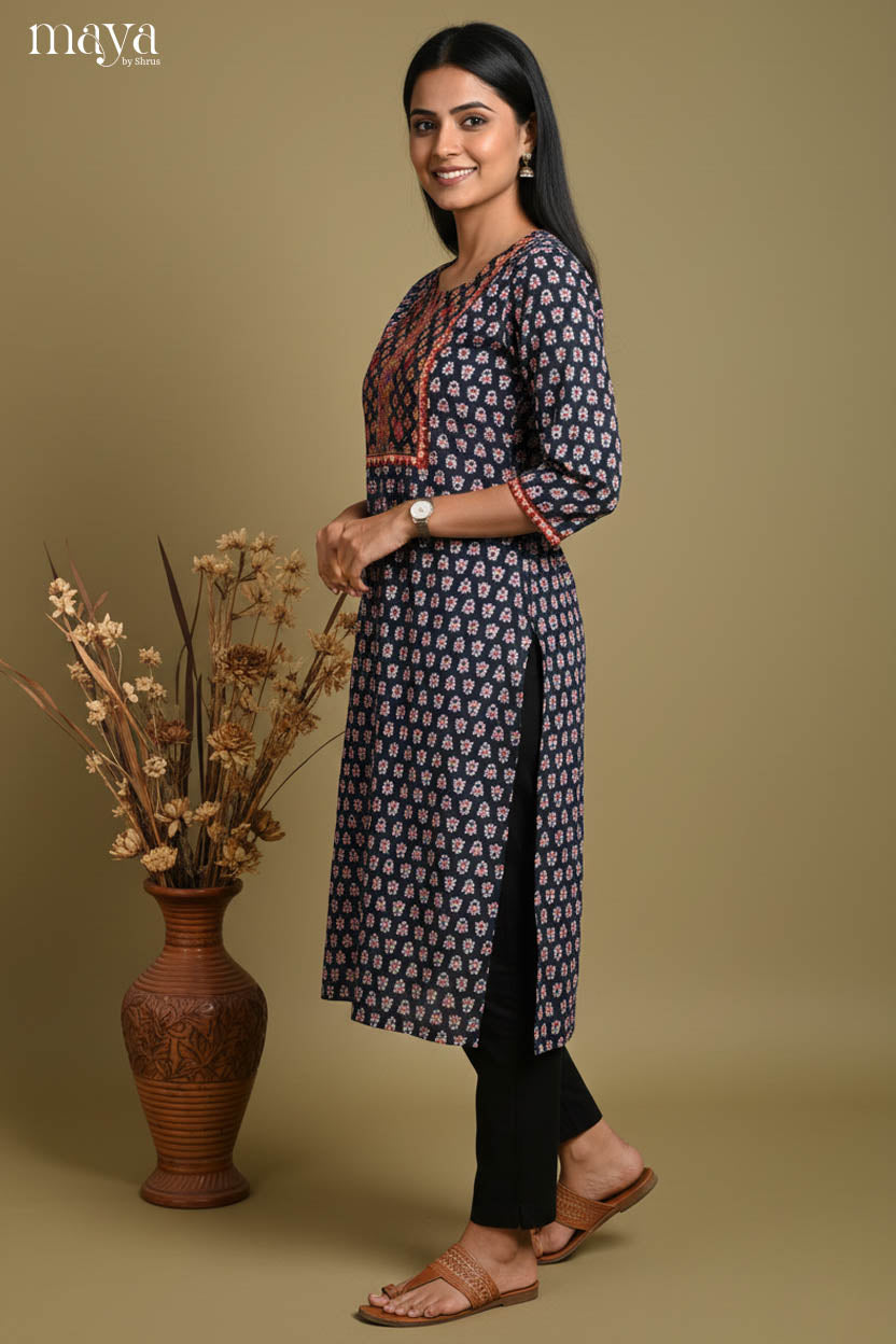 Exquisite Navy Blue Ajrakh Printed Readymade Kurti With Yoke Neck In Black