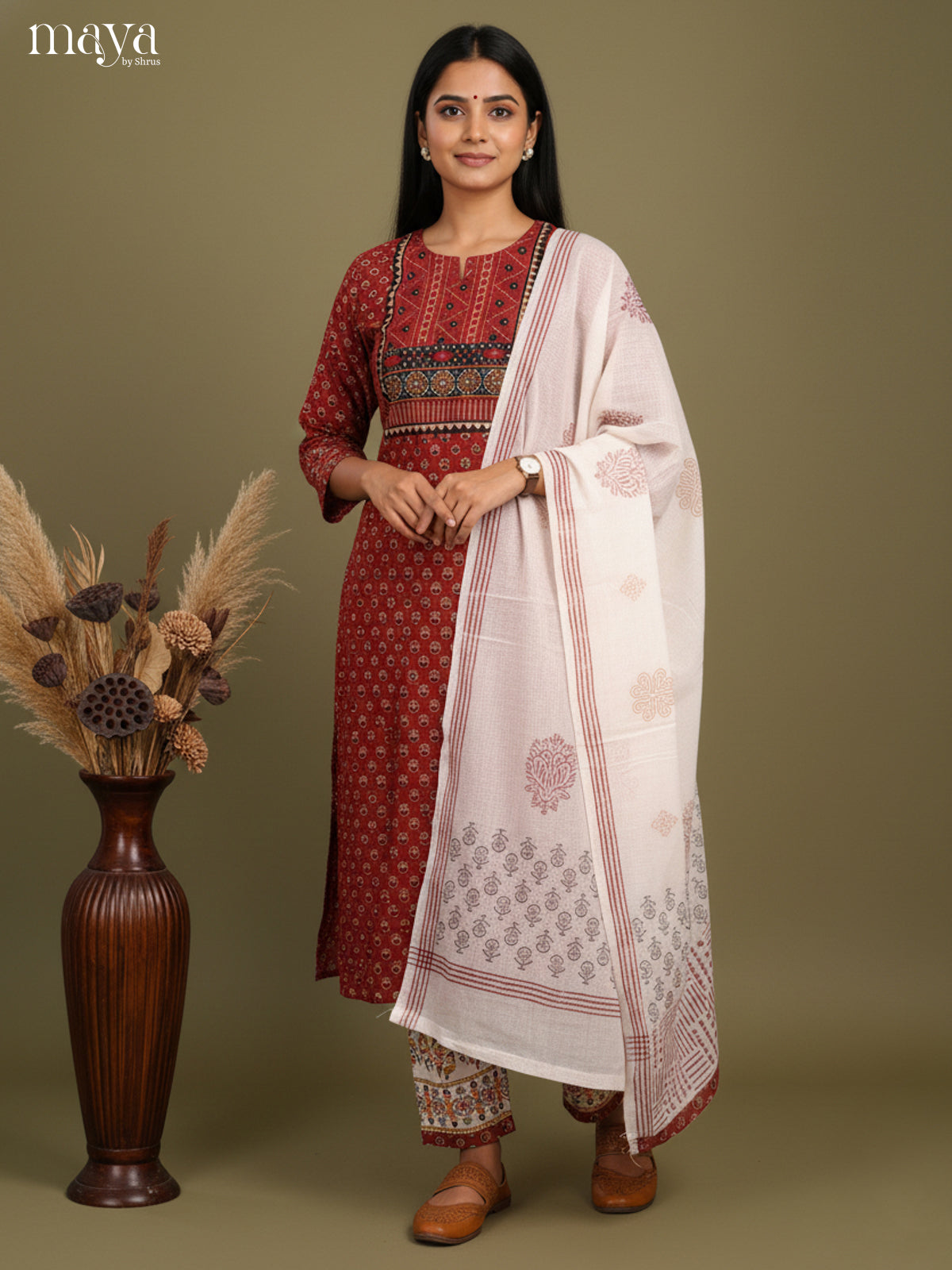 Chic Maroon Floral Printed Cotton Salwar Suit Set With White Dupatta