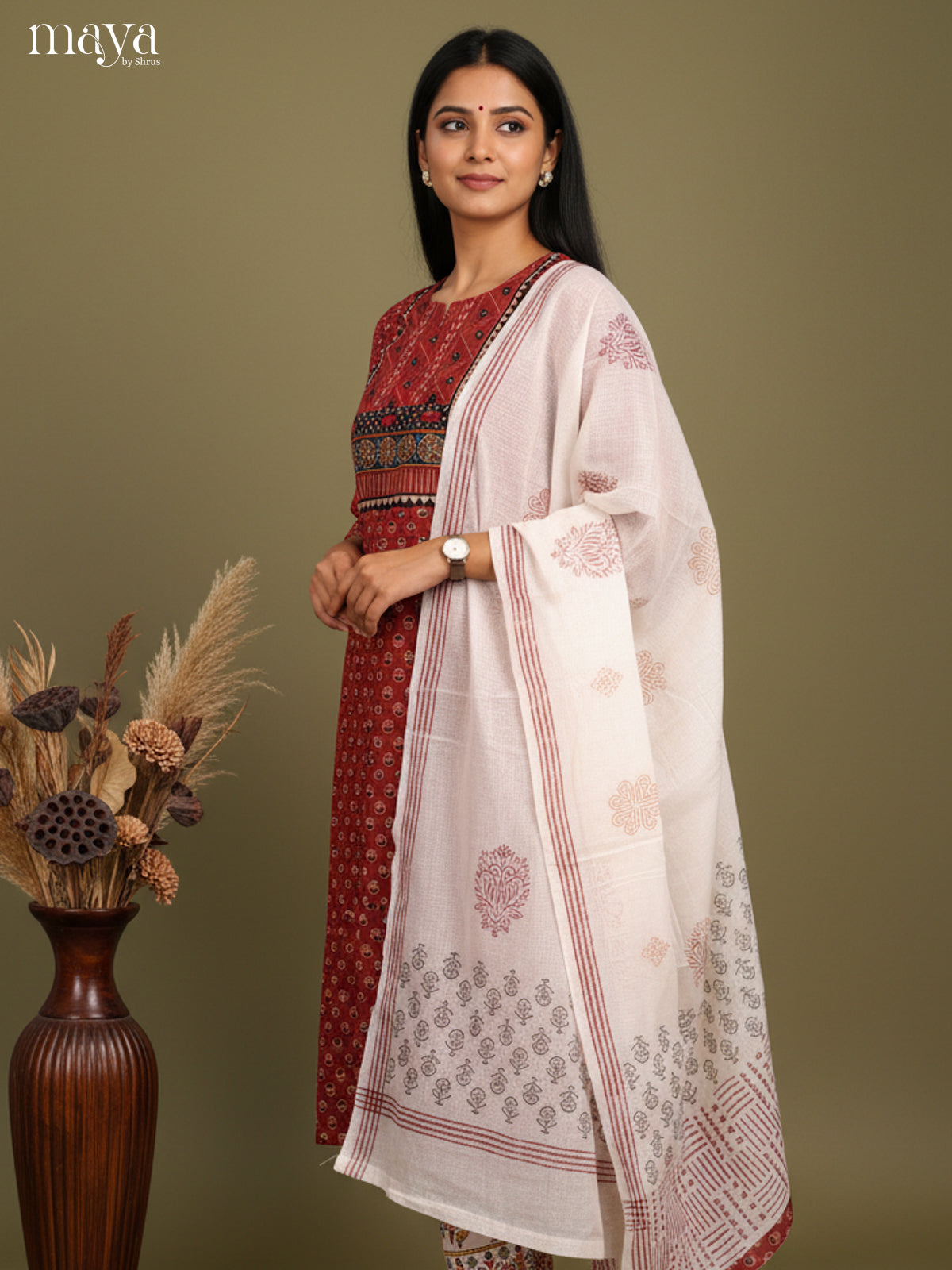 Chic Maroon Floral Printed Cotton Salwar Suit Set With White Dupatta