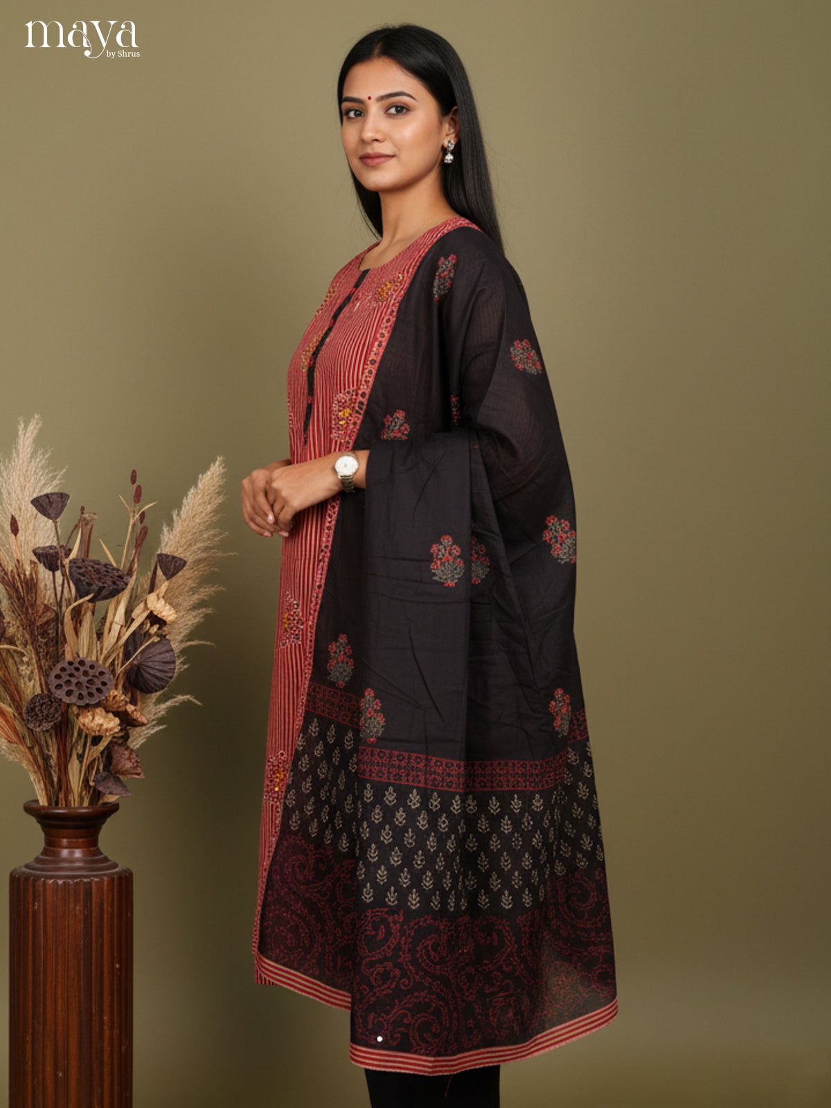 Graceful Striped Cotton Salwar Kurta Set In Maroon With Printed Black Dupatta