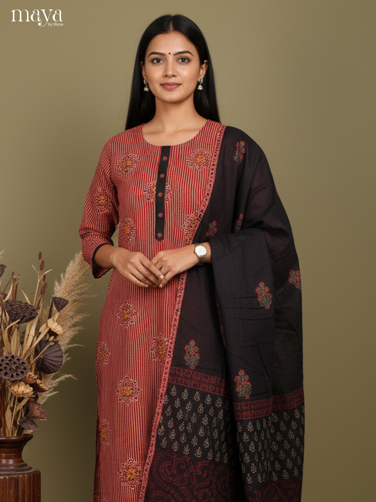 Graceful Striped Cotton Salwar Kurta Set In Maroon With Printed Black Dupatta