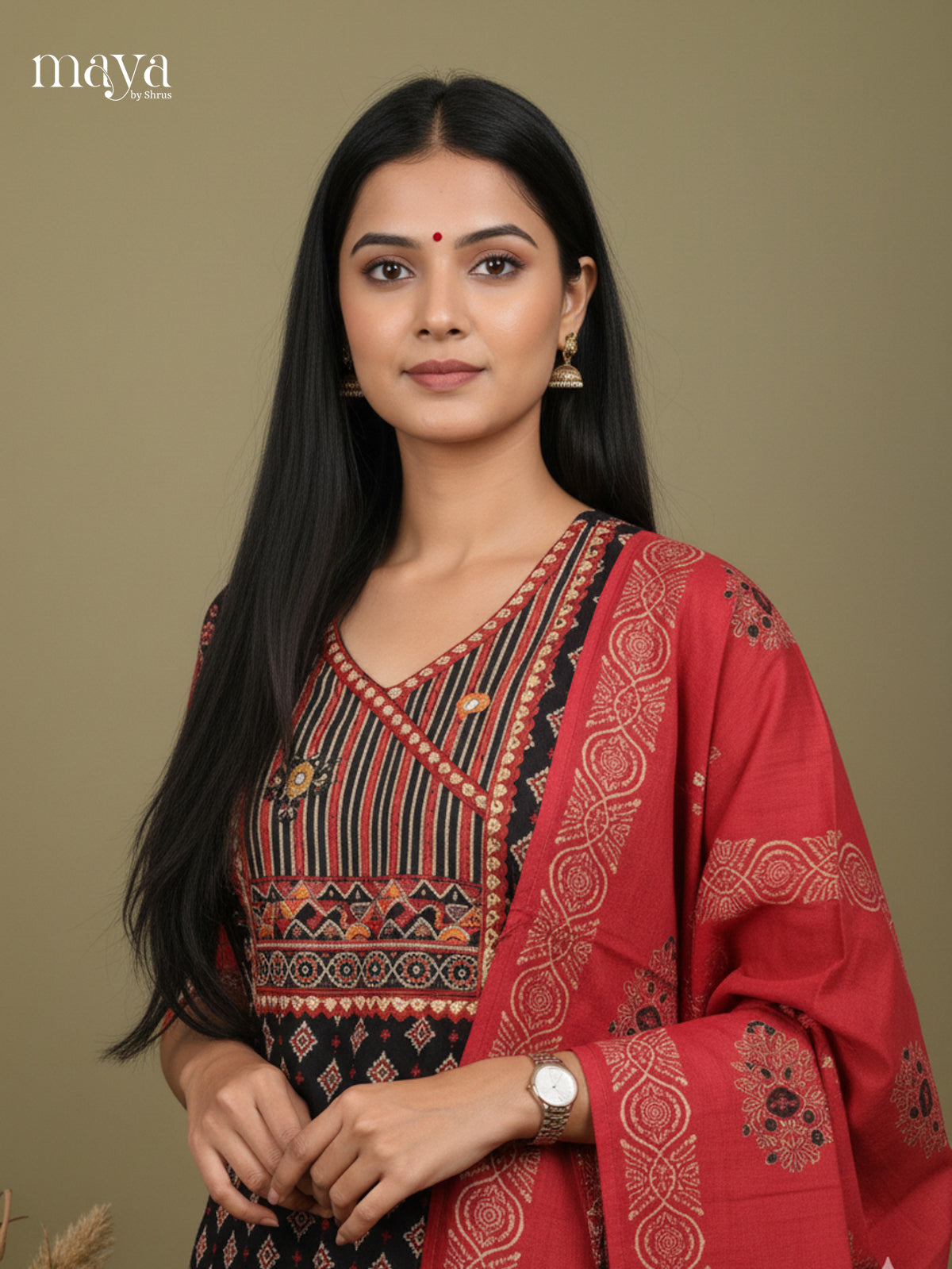 Black & Red- Floral printed Readymade 3 Piece Salwar