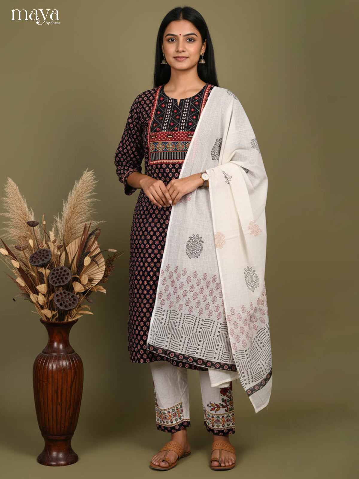Beautiful Black Readymade Ajrakh Salwar Set with Printed Design