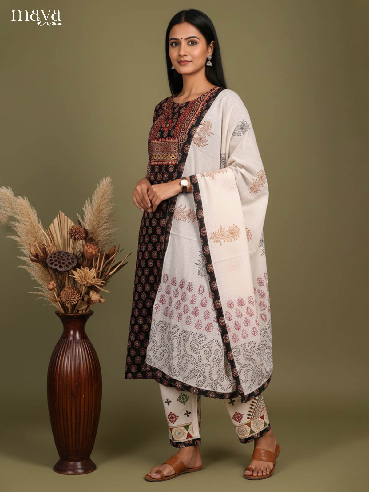 Stunning Black Ajrakh Printed Salwar Suit with Yoke Neck