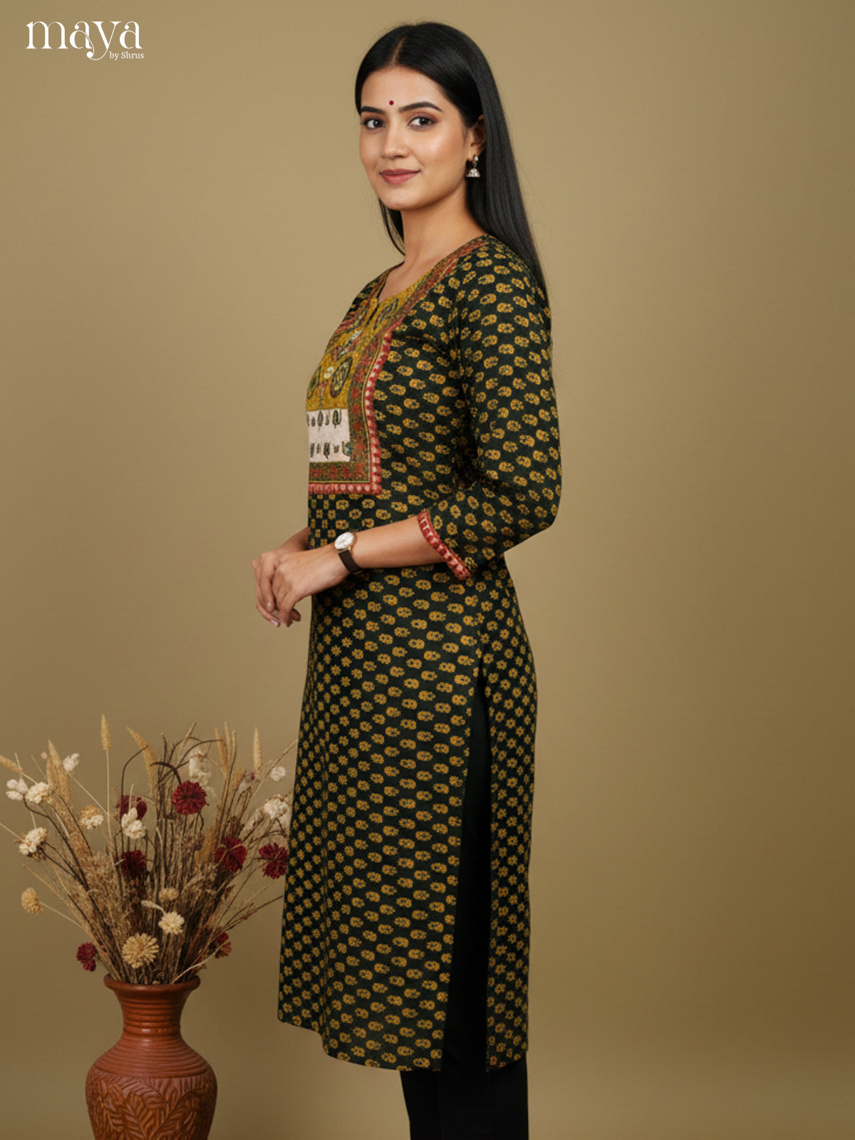 Green & Yellow ajrakh printed Readymade Kurti 1