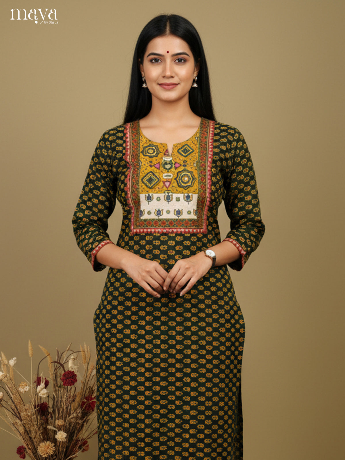 Green & Yellow ajrakh printed Readymade Kurti 2