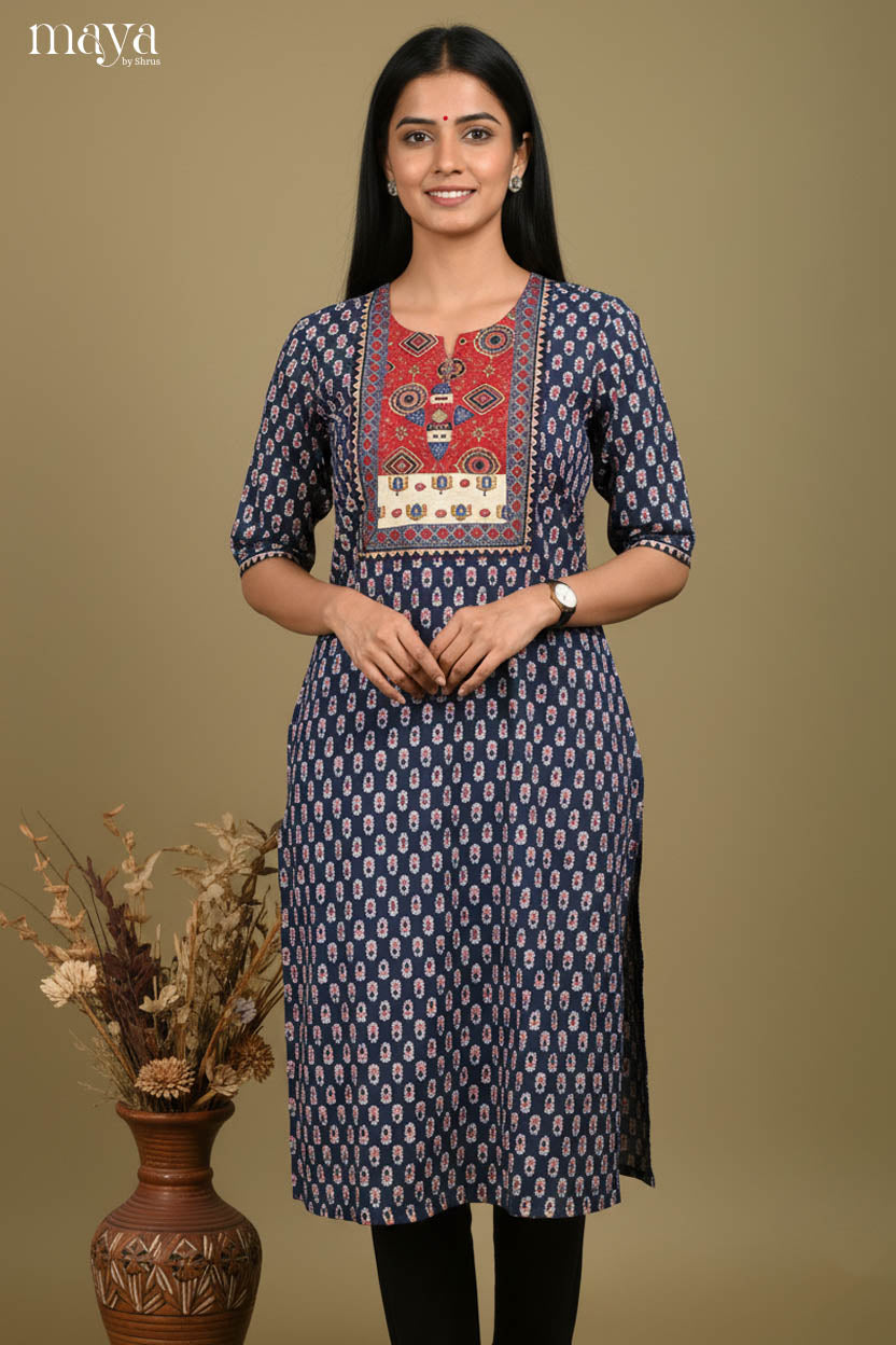 Graceful Navy Blue Floral Printed Readymade Kurti With Yoke Neck