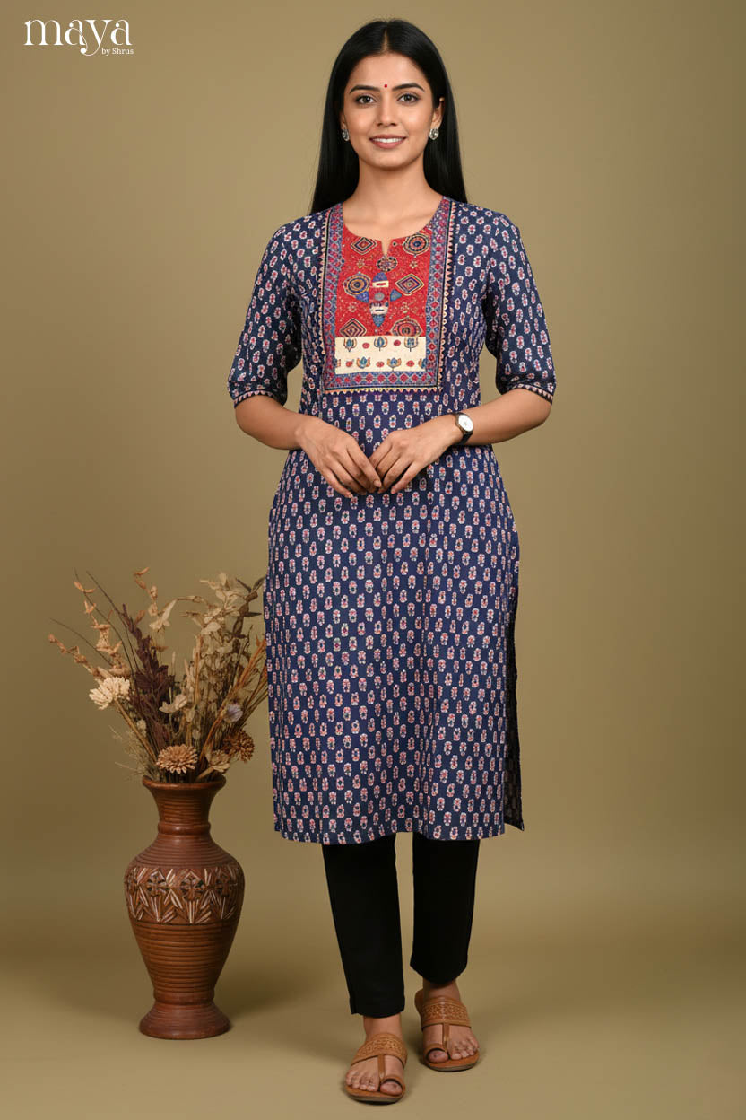 Graceful Navy Blue Floral Printed Readymade Kurti With Yoke Neck