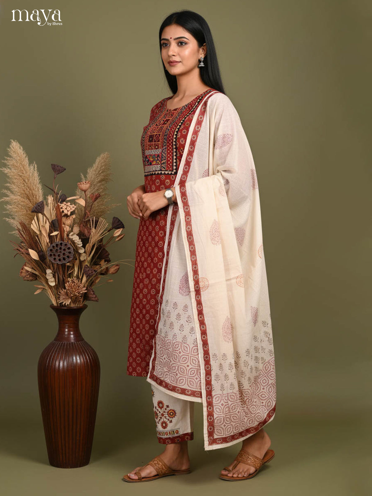 Rustic Maroon Ajrakh Printed Salwar Suit With Yoke Neck