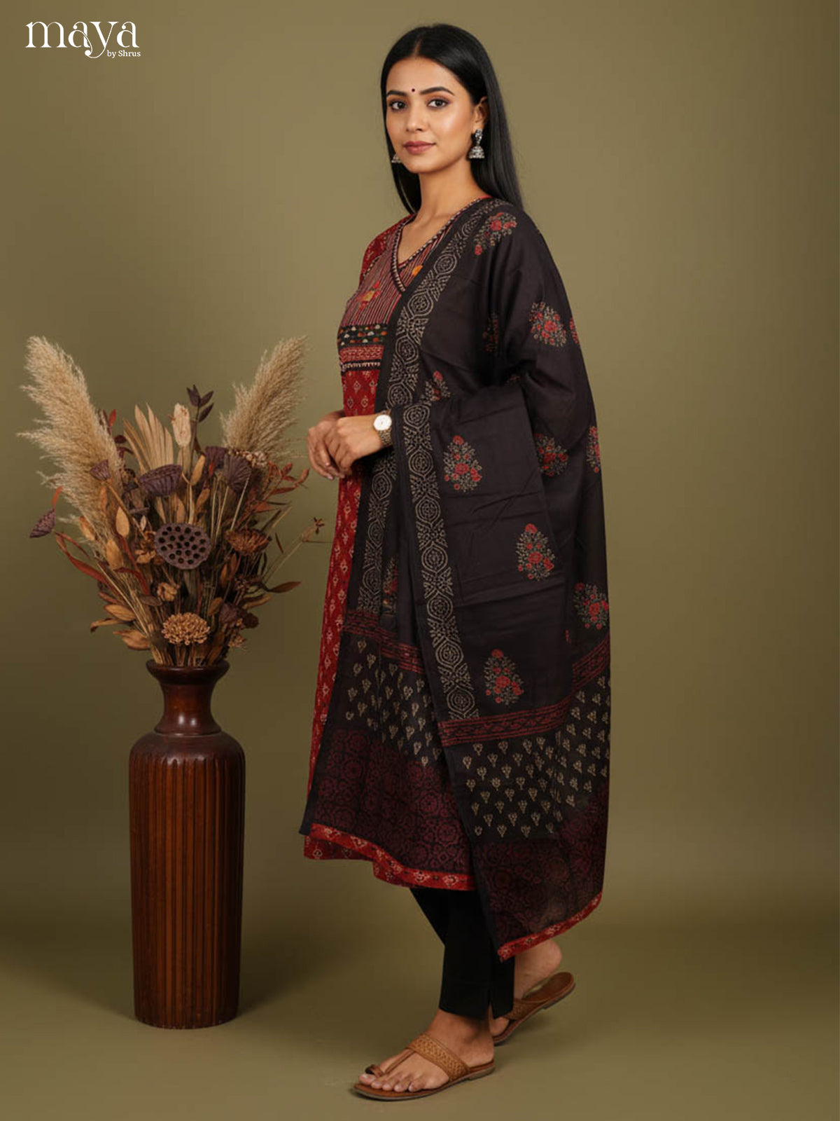 Bold Maroon Readymade Ajrakh Salwar Set with Yoke Neck & Black Dupatta