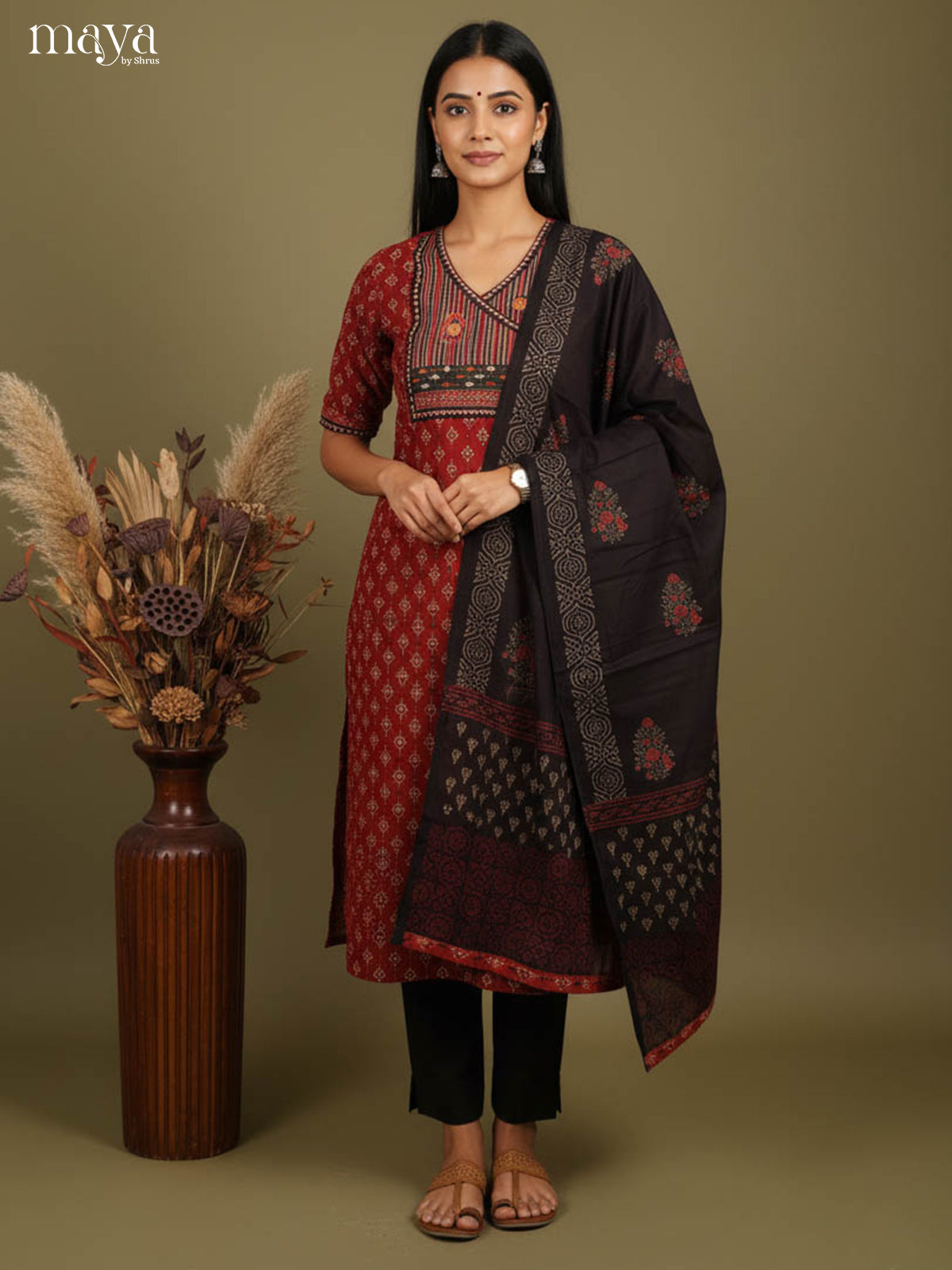 Bold Maroon Readymade Ajrakh Salwar Set with Yoke Neck & Black Dupatta