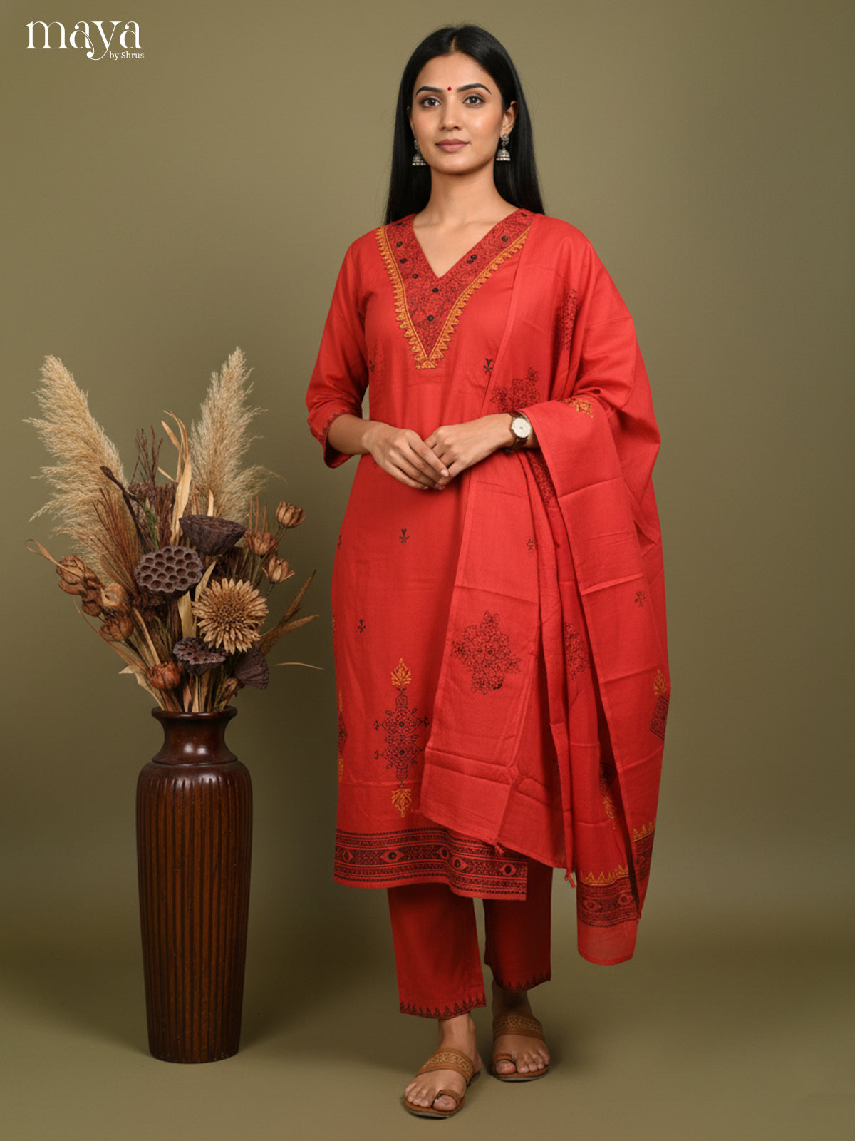 Red Readymade 3 Piece with printed neck yoke & dupatta