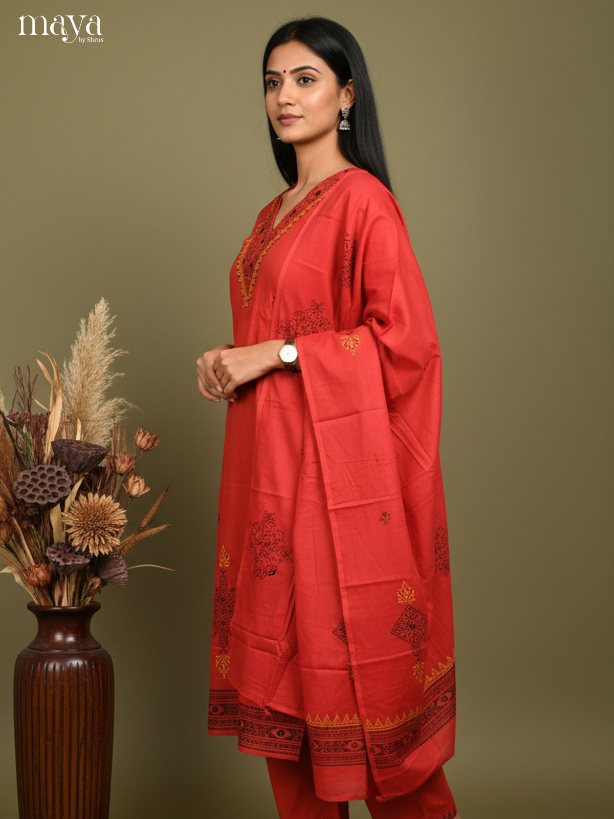 Red Readymade 3 Piece with printed neck yoke & dupatta