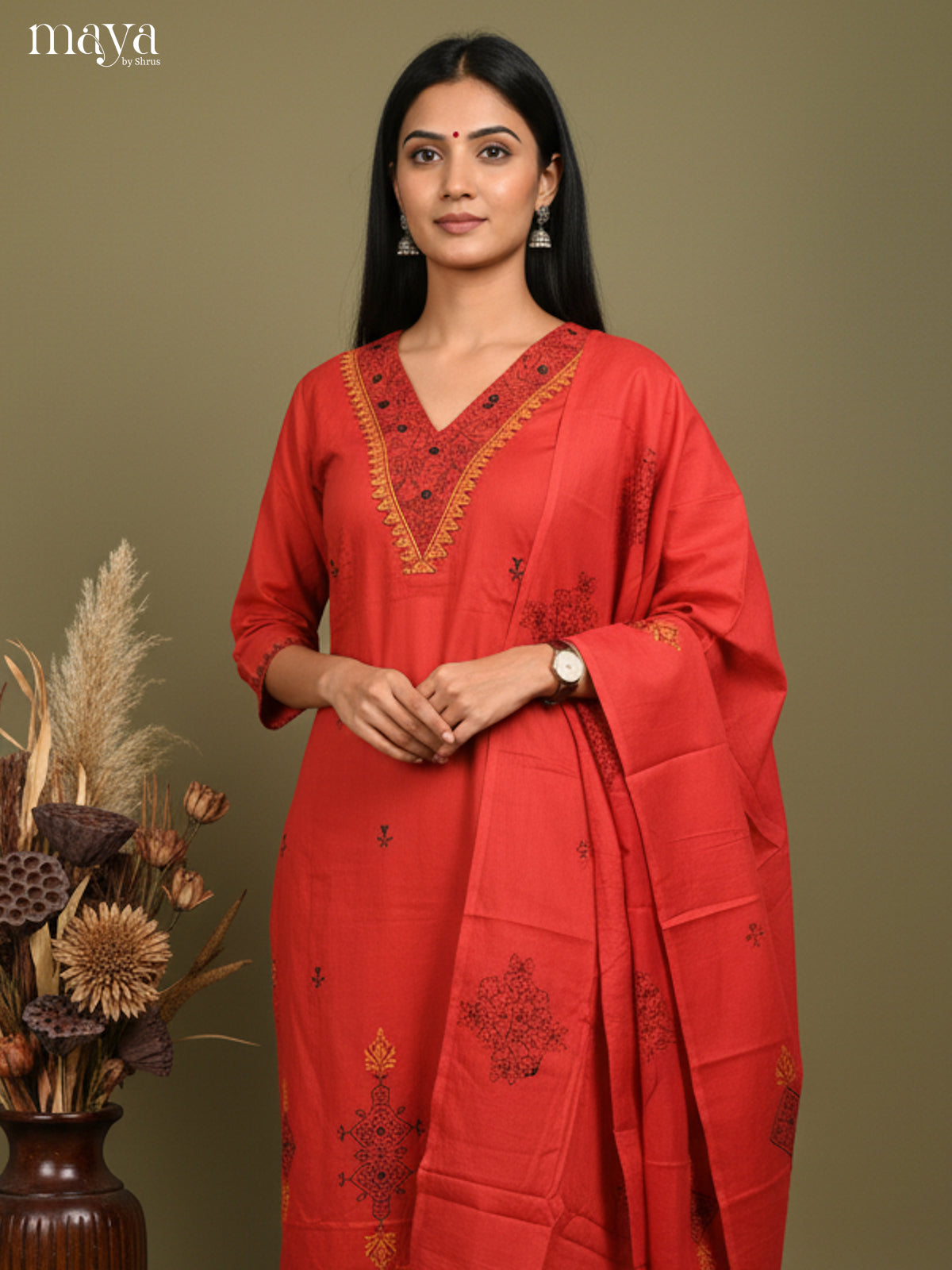 Red Readymade 3 Piece with printed neck yoke & dupatta