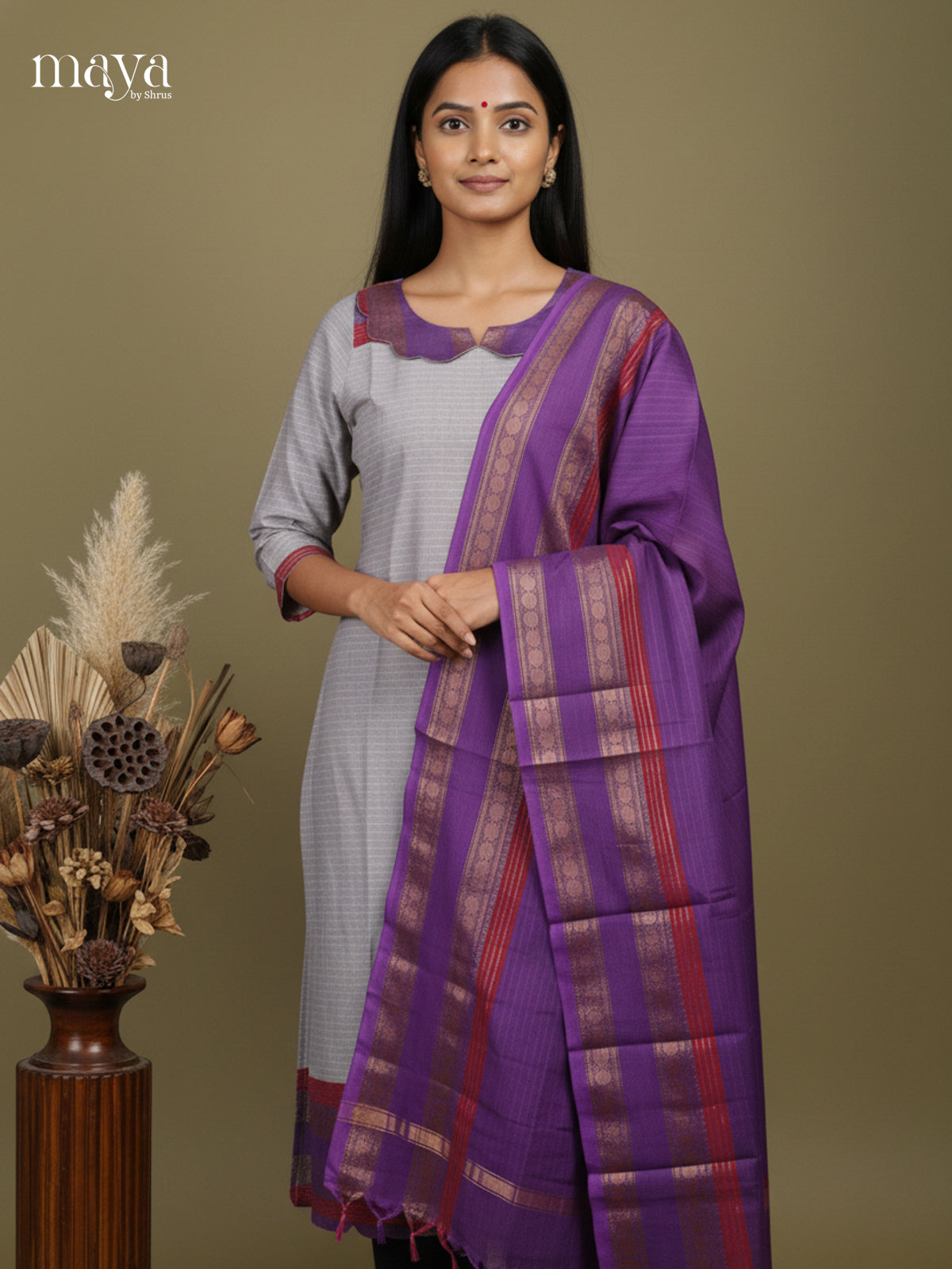 Artistic Grey & Purple Chettinad Cotton Readymade Kurti Set With Dupatta 2