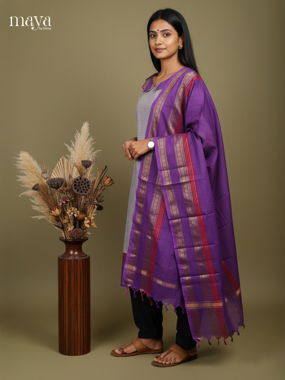 Artistic Grey & Purple Chettinad Cotton Readymade Kurti Set With Dupatta 1