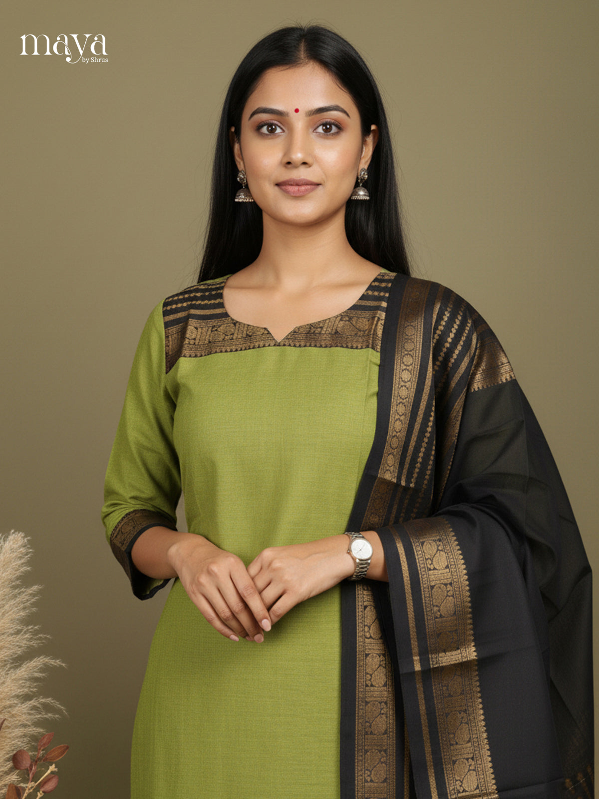Chic Green & Black Chettinad Cotton Kurti & Dupatta With Zari Border