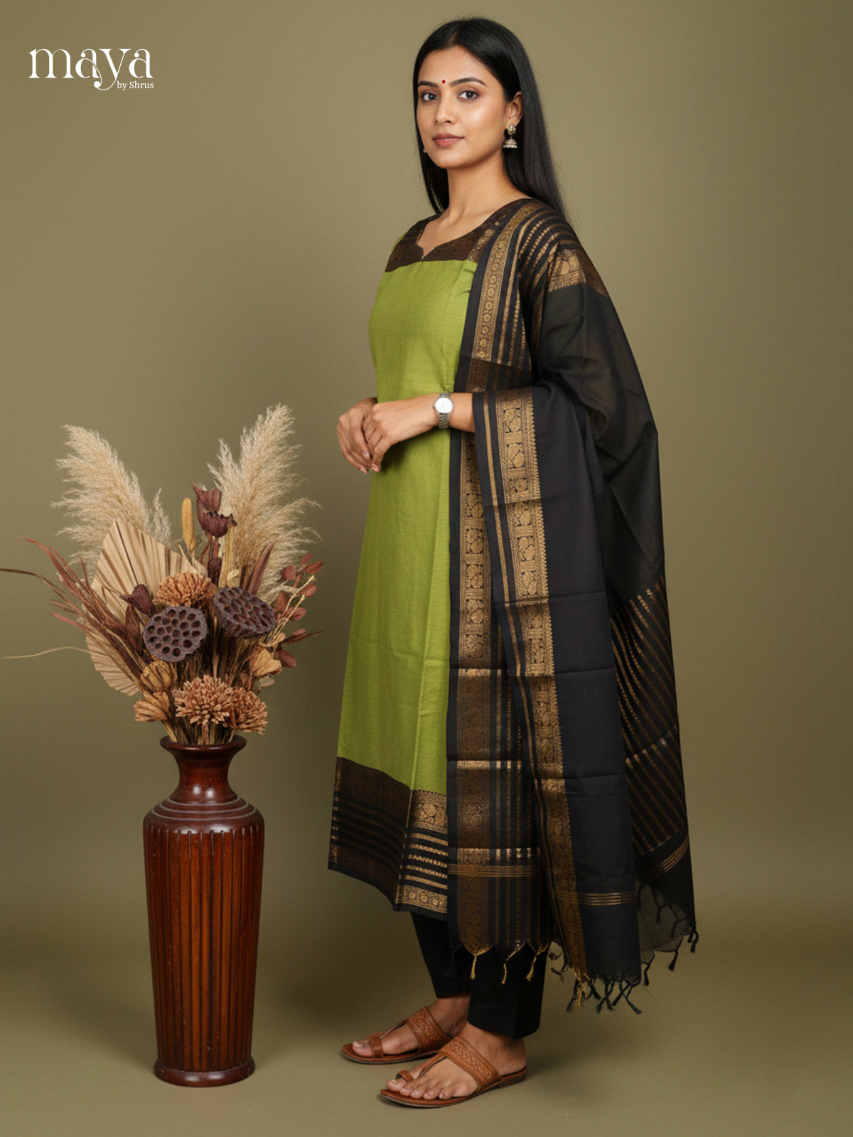 Chic Green & Black Chettinad Cotton Kurti & Dupatta With Zari Border