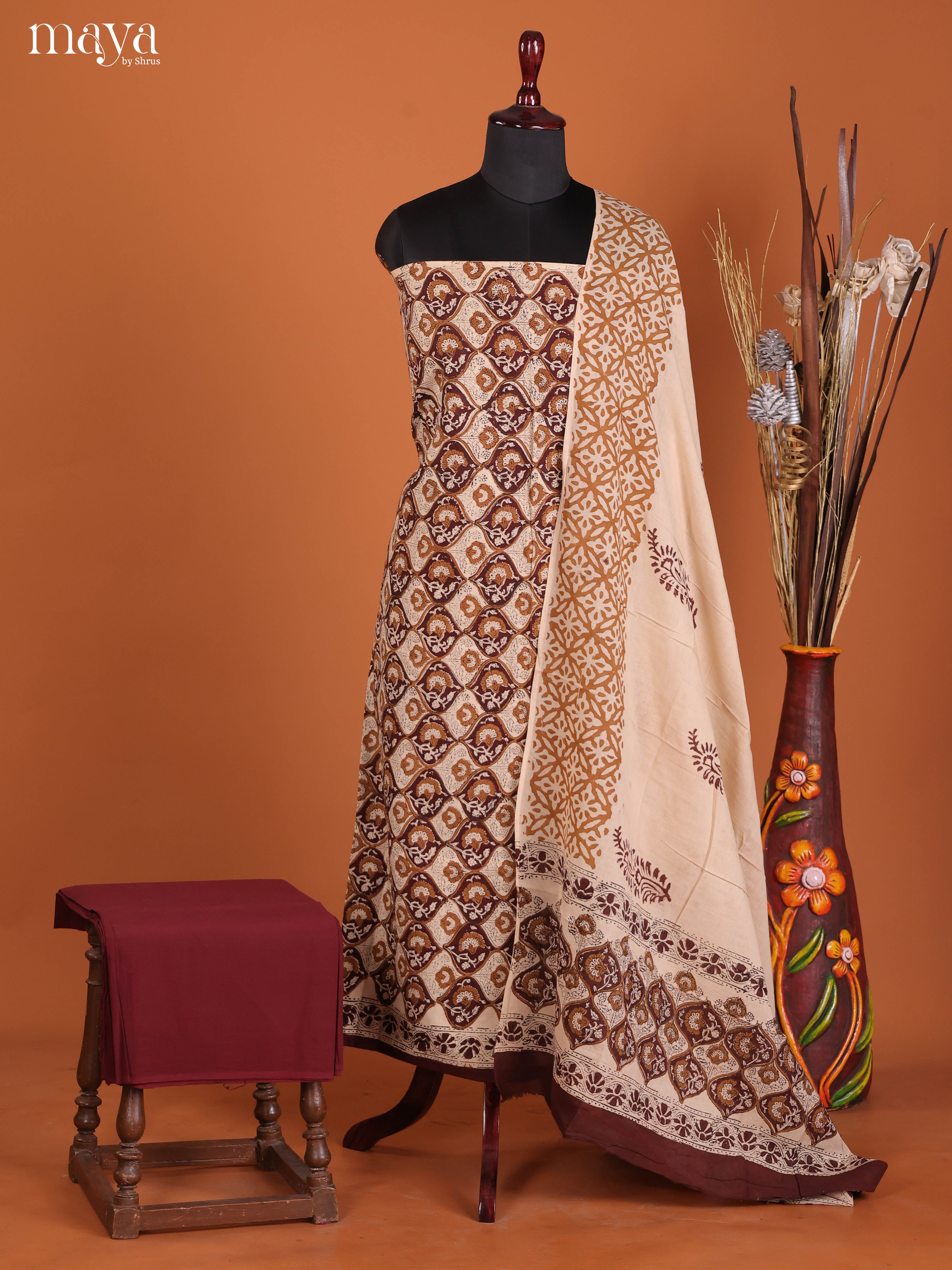 Sophisticated Hand-Block Printed Cotton Salwar Set In Earthy Tone