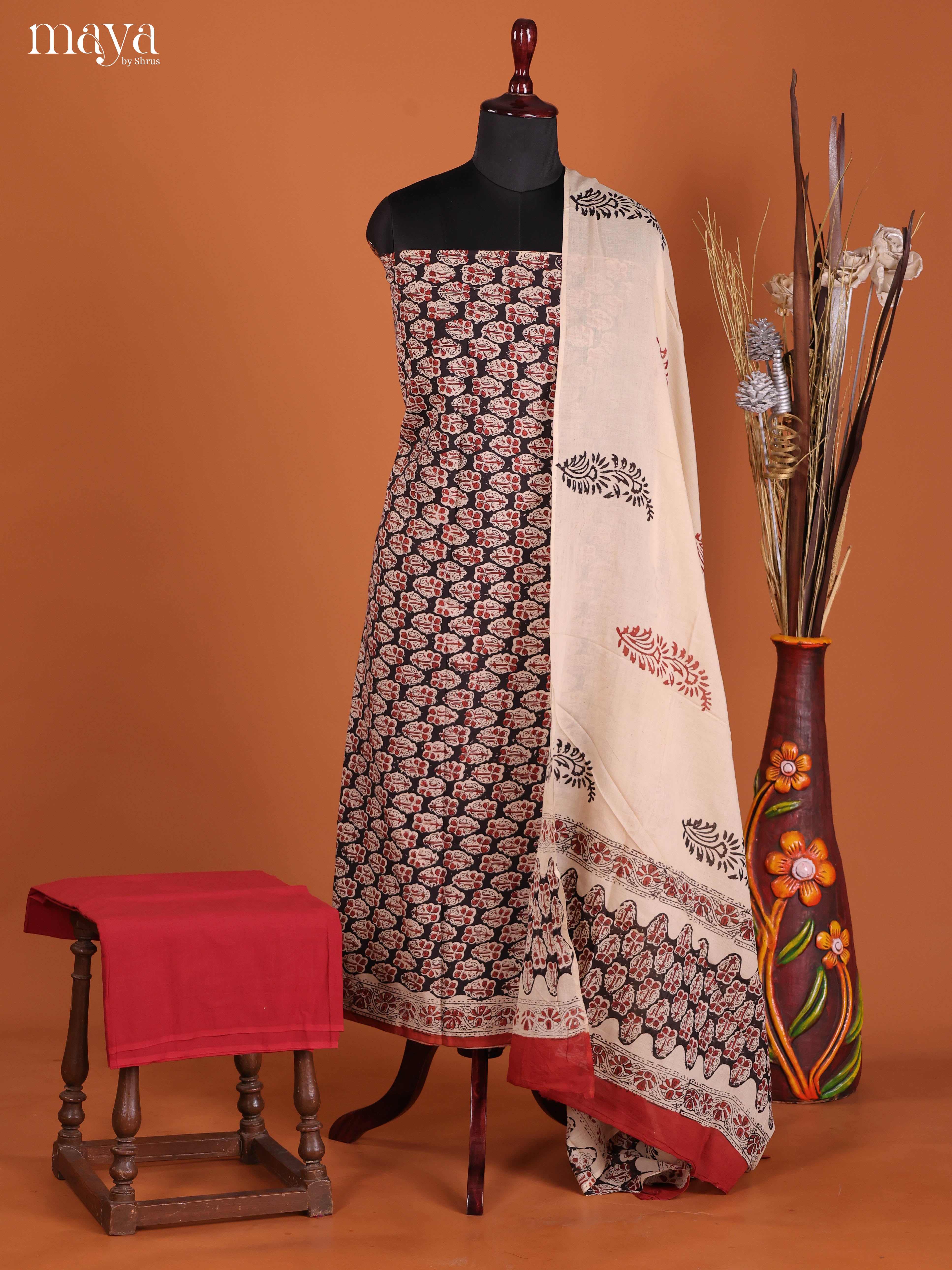 Stunning Black Hand-Block Printed Cotton Salwar Sets With Floral Motifs