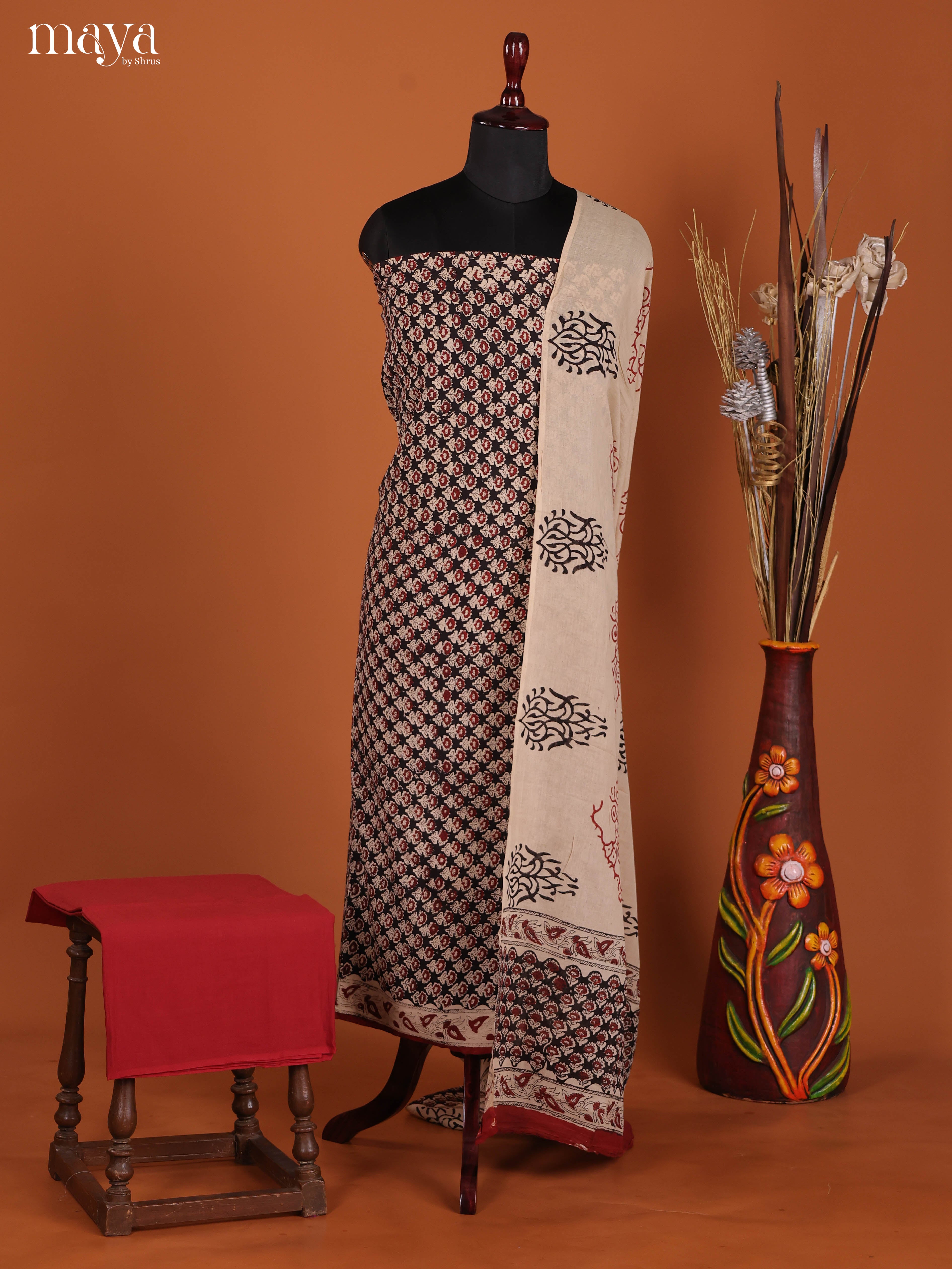 Exquisite Black Cotton Salwar Set with Floral Elegance & Beige Dupatta