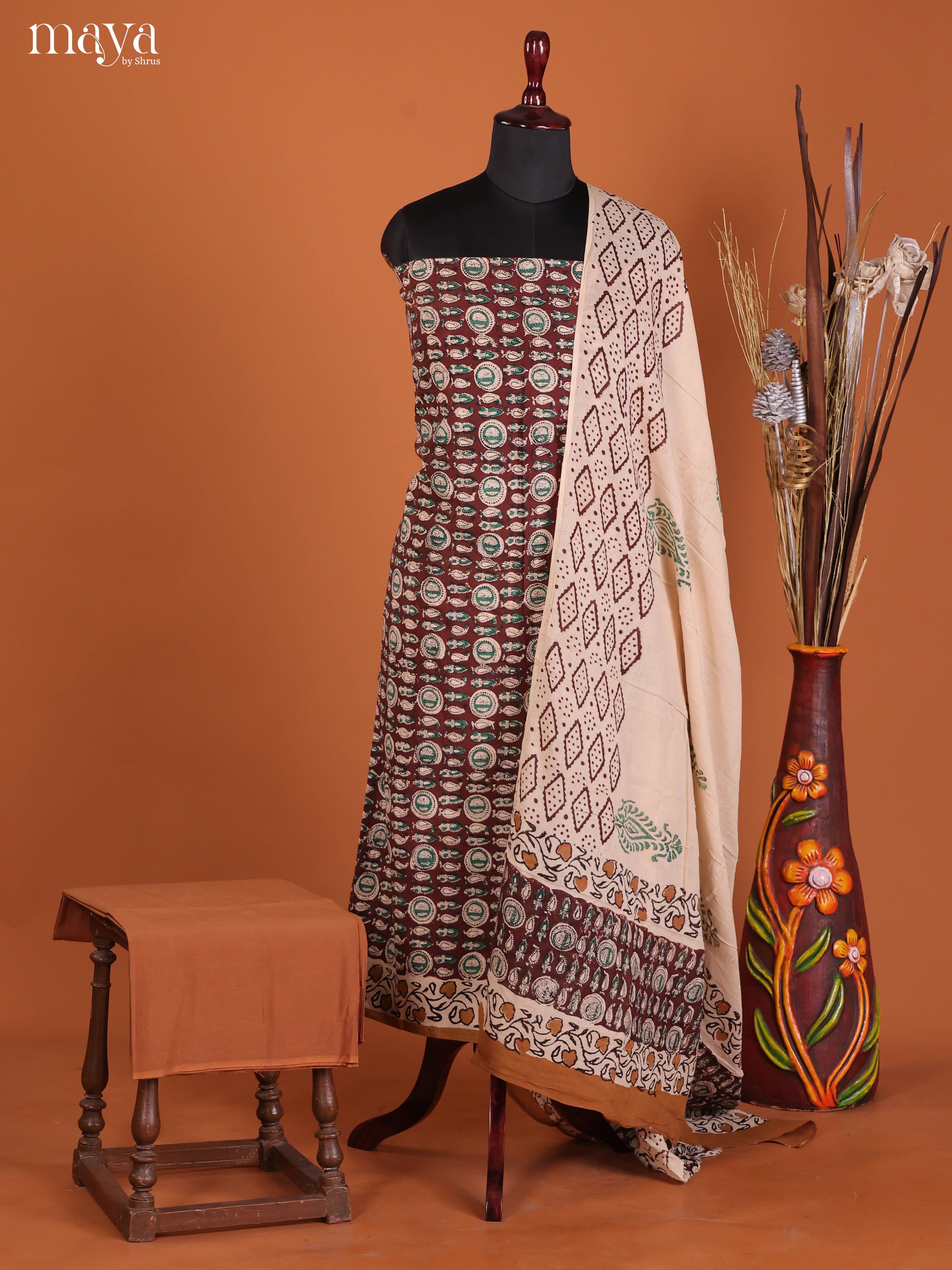Chic Brown Cotton Salwar Suit Material With Beige Printed Dupatta