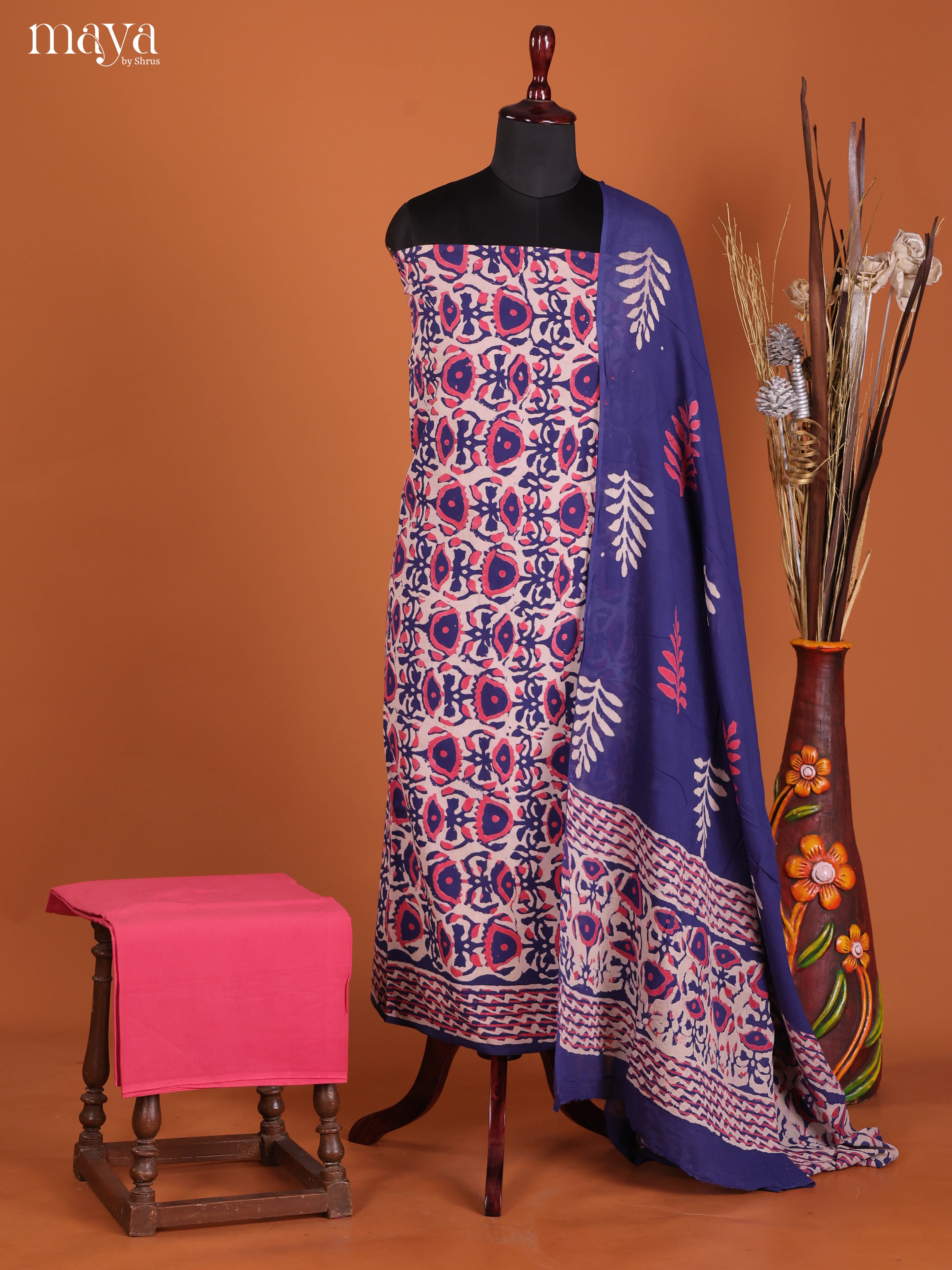 Pretty Blue & Pink Cotton Salwar Suit Material