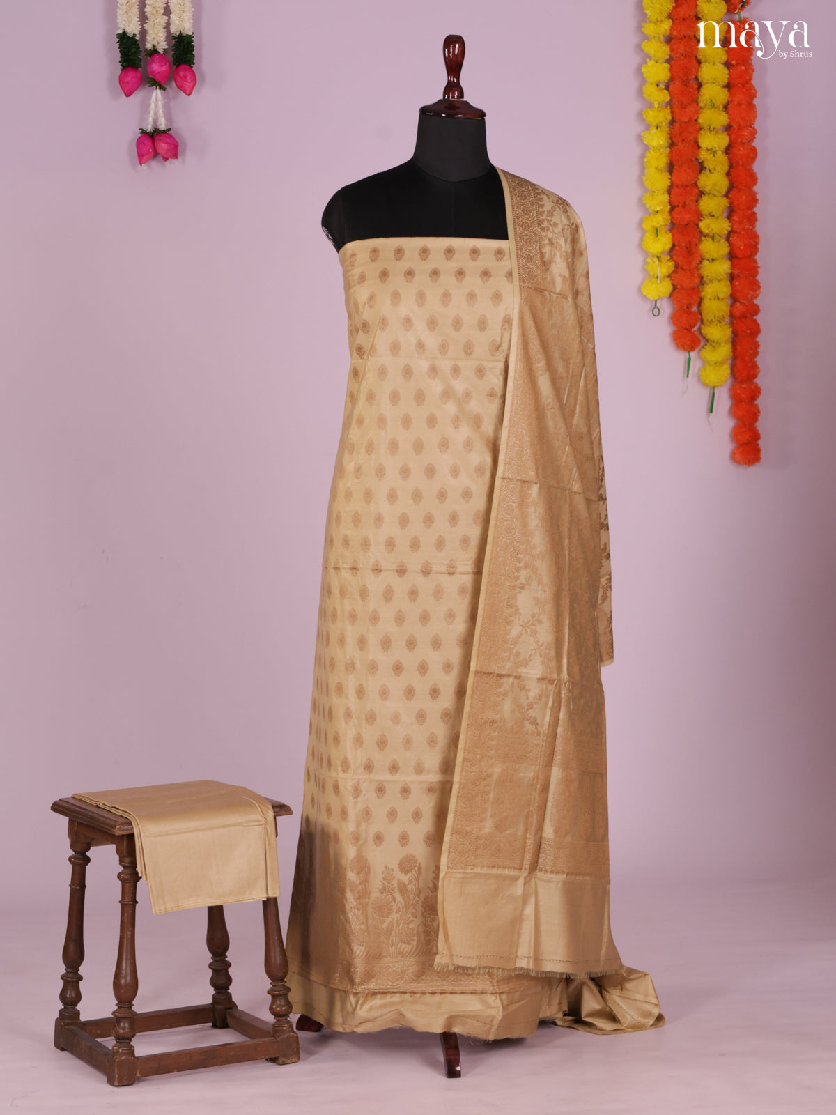 Timeless Beige Semi Tussar Salwar Set Material With Floral Buttas