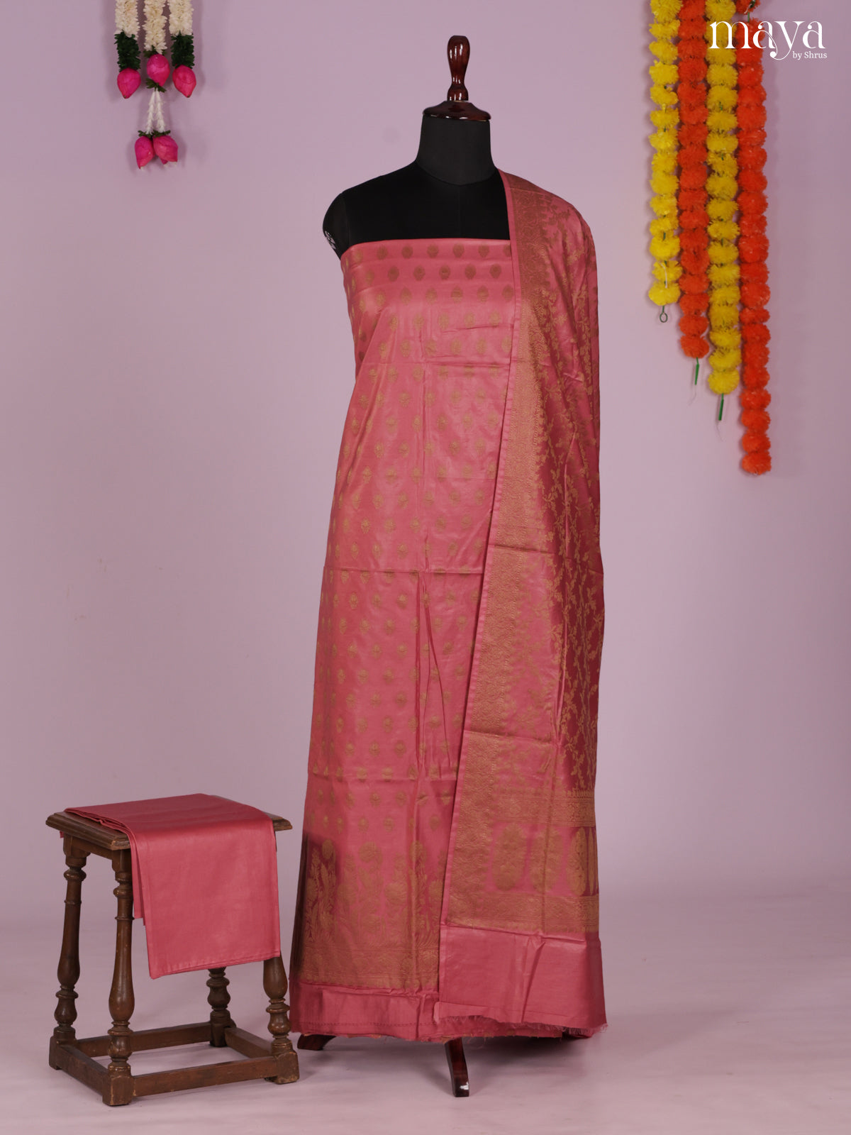 Pretty Dark Pink Semi Tussar Salwar Set Material With Floral Buttas