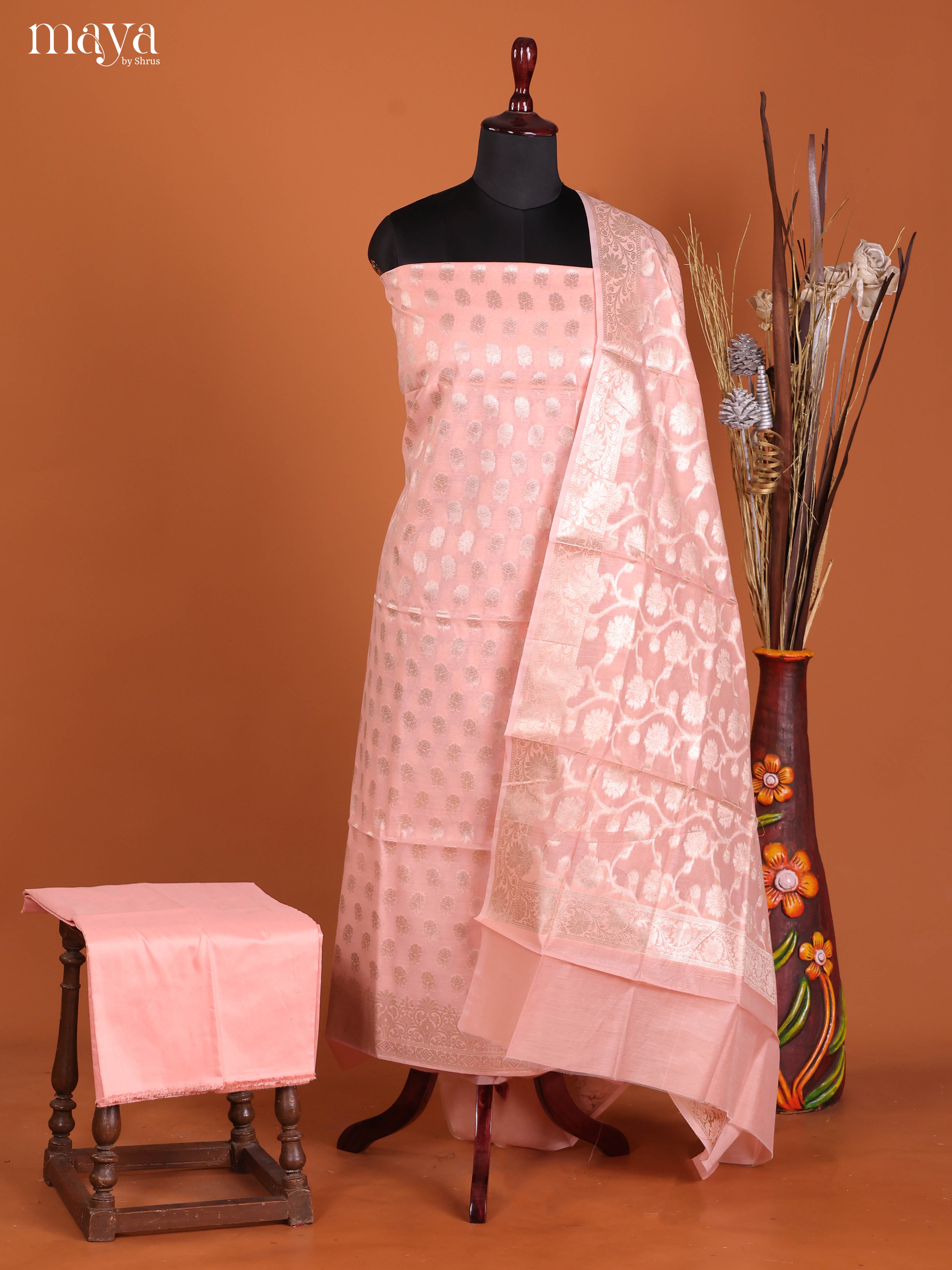 Ethnic Peach Thread Woven Semi Tussar Salwar Suit Material