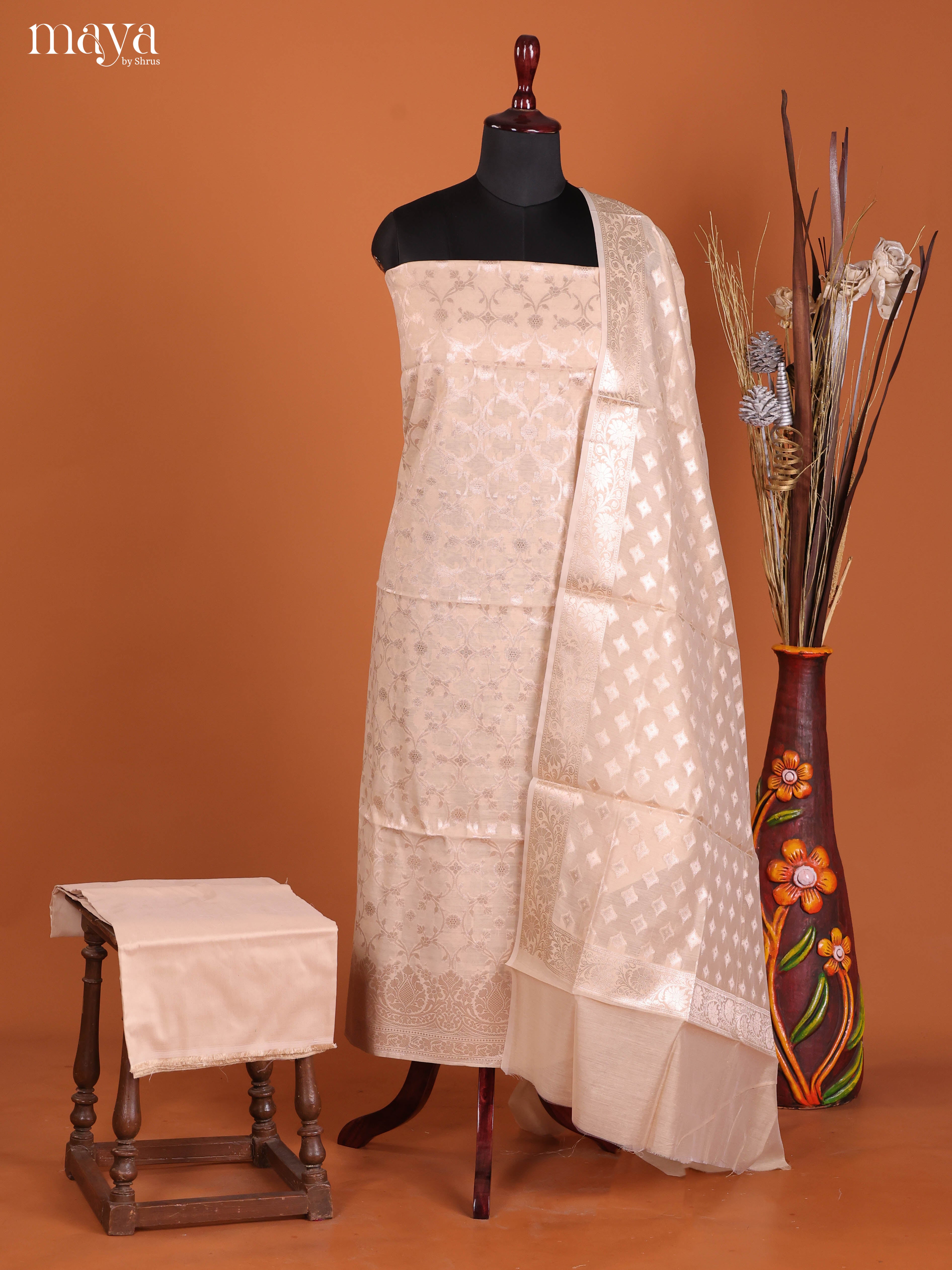 Sophisticated Beige Semi Tussar Salwar Material With Thread Buttas
