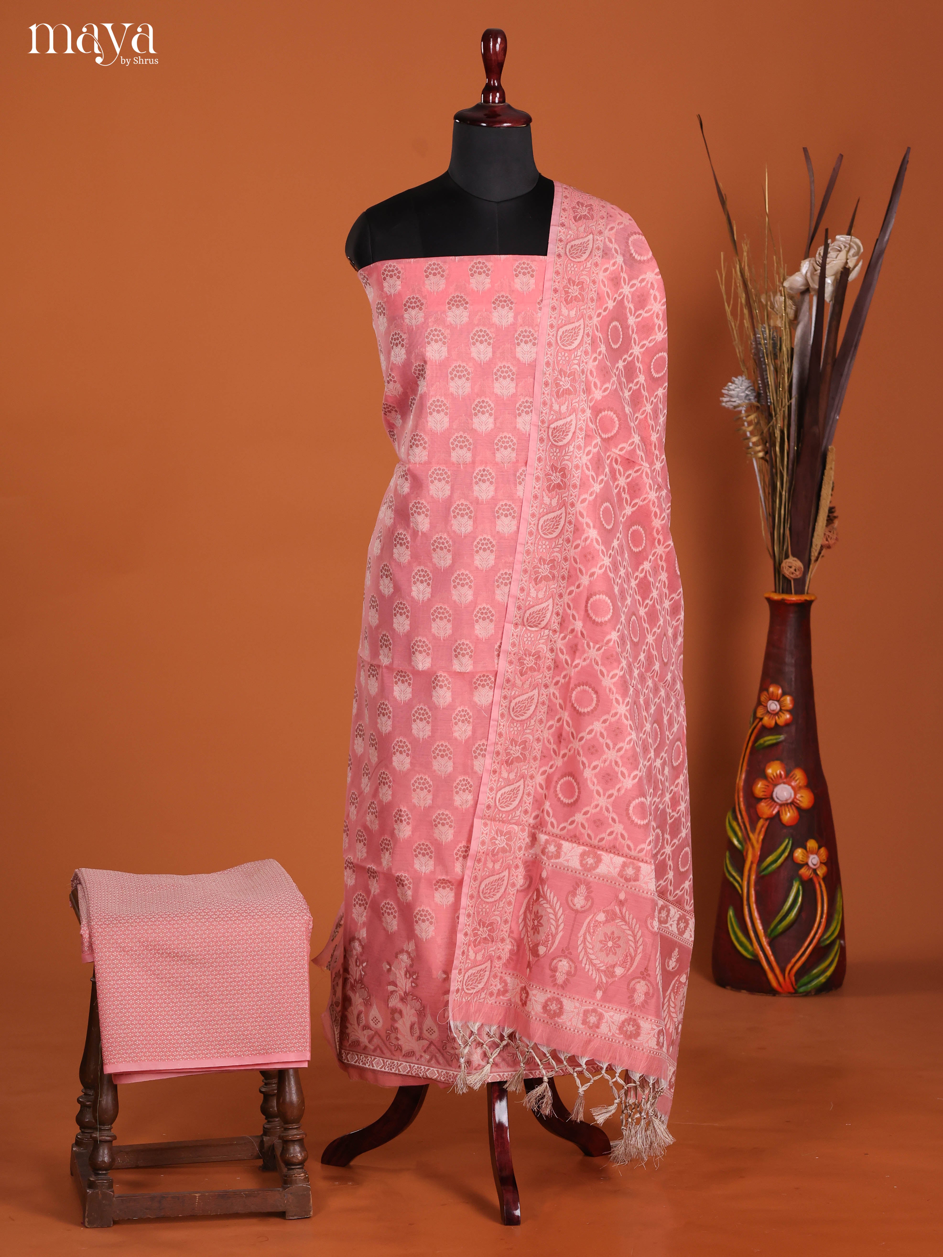 Vibrant Peach Semi Tussar Salwar Suit Material With Thread Woven Design