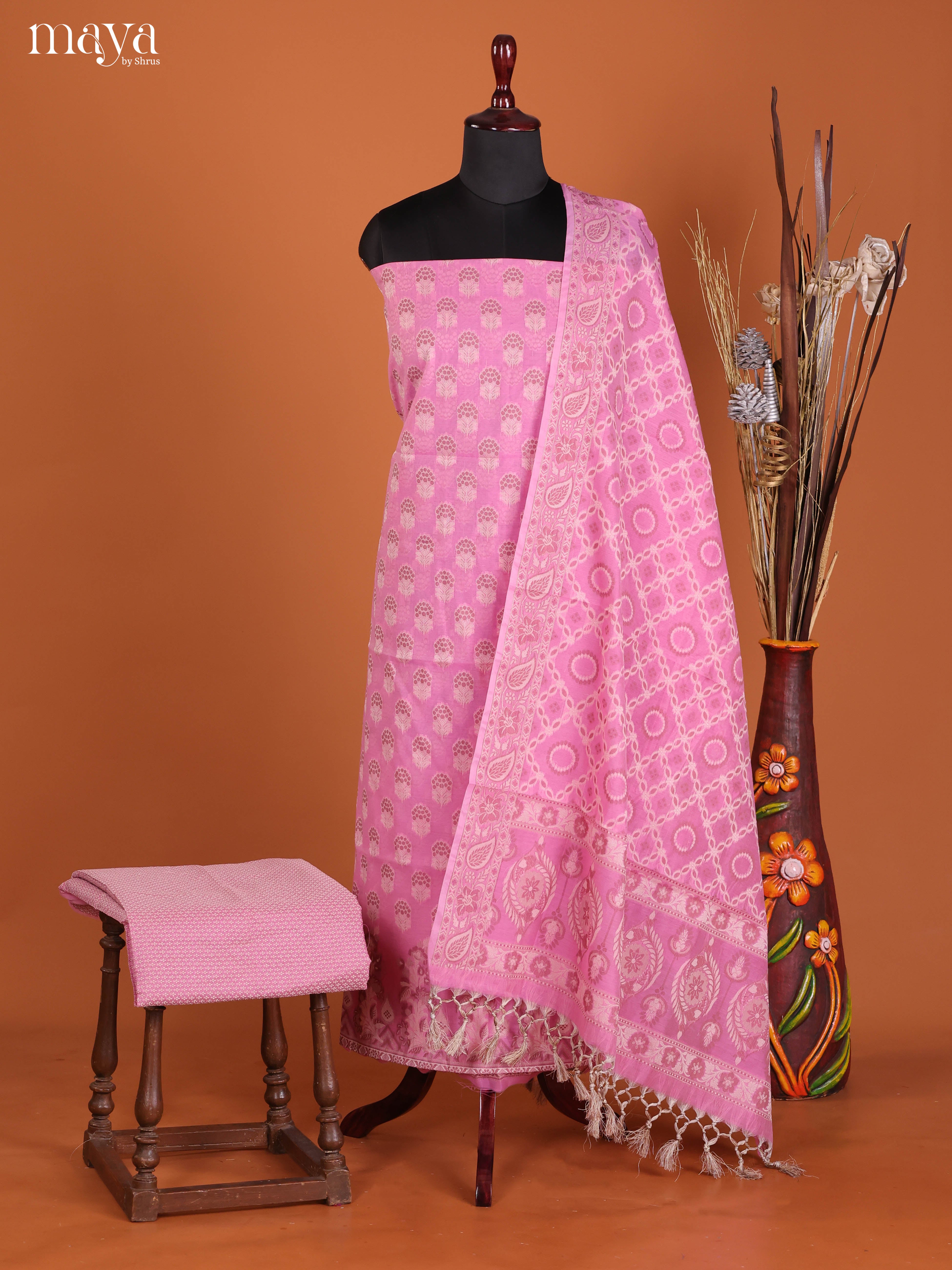 Chic Pink Semi Tussar Salwar Suit Material With Thread Woven Design