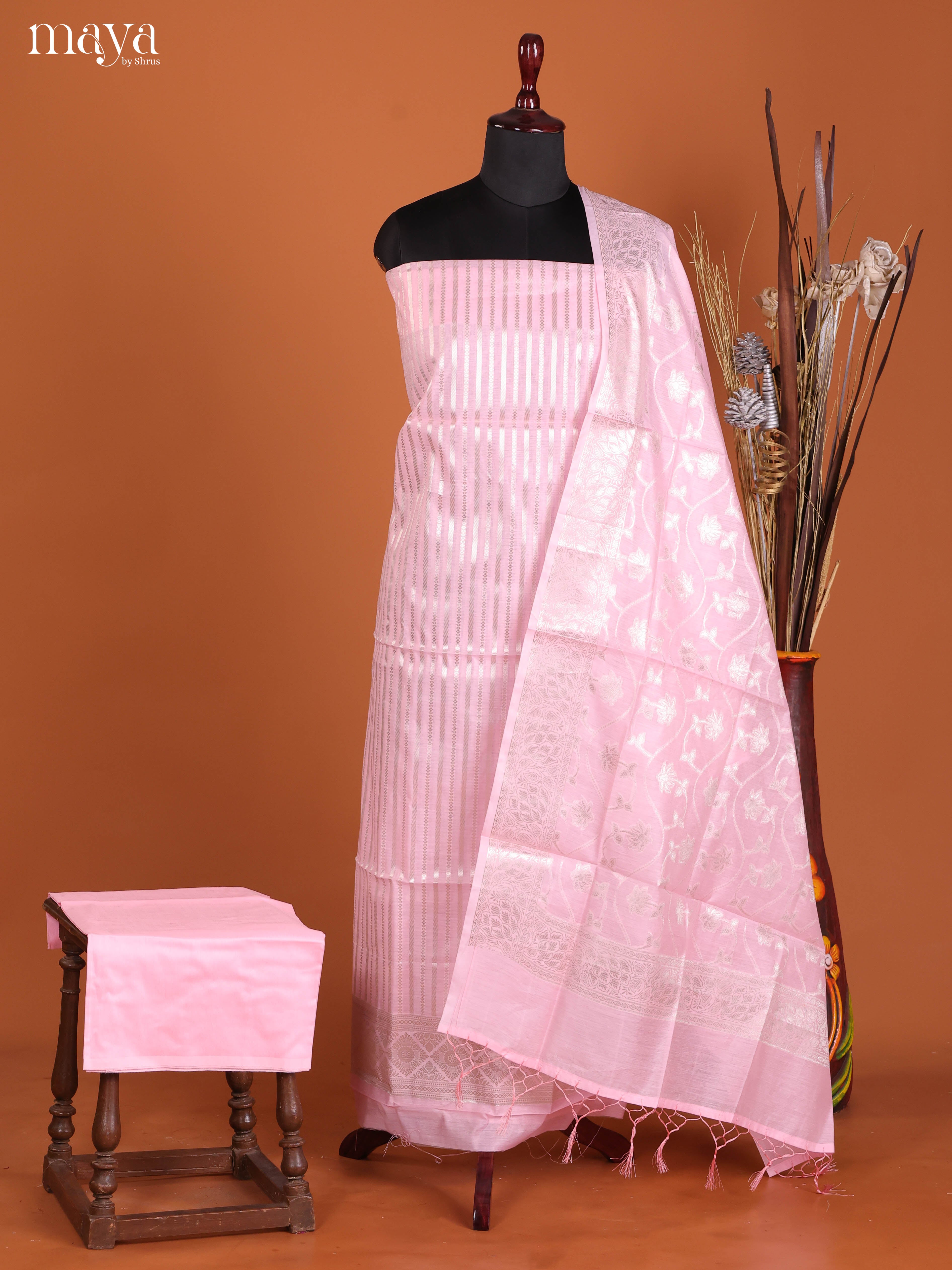 Pretty Pink Semi Tussar Salwar Suit Material With Zari Stripes
