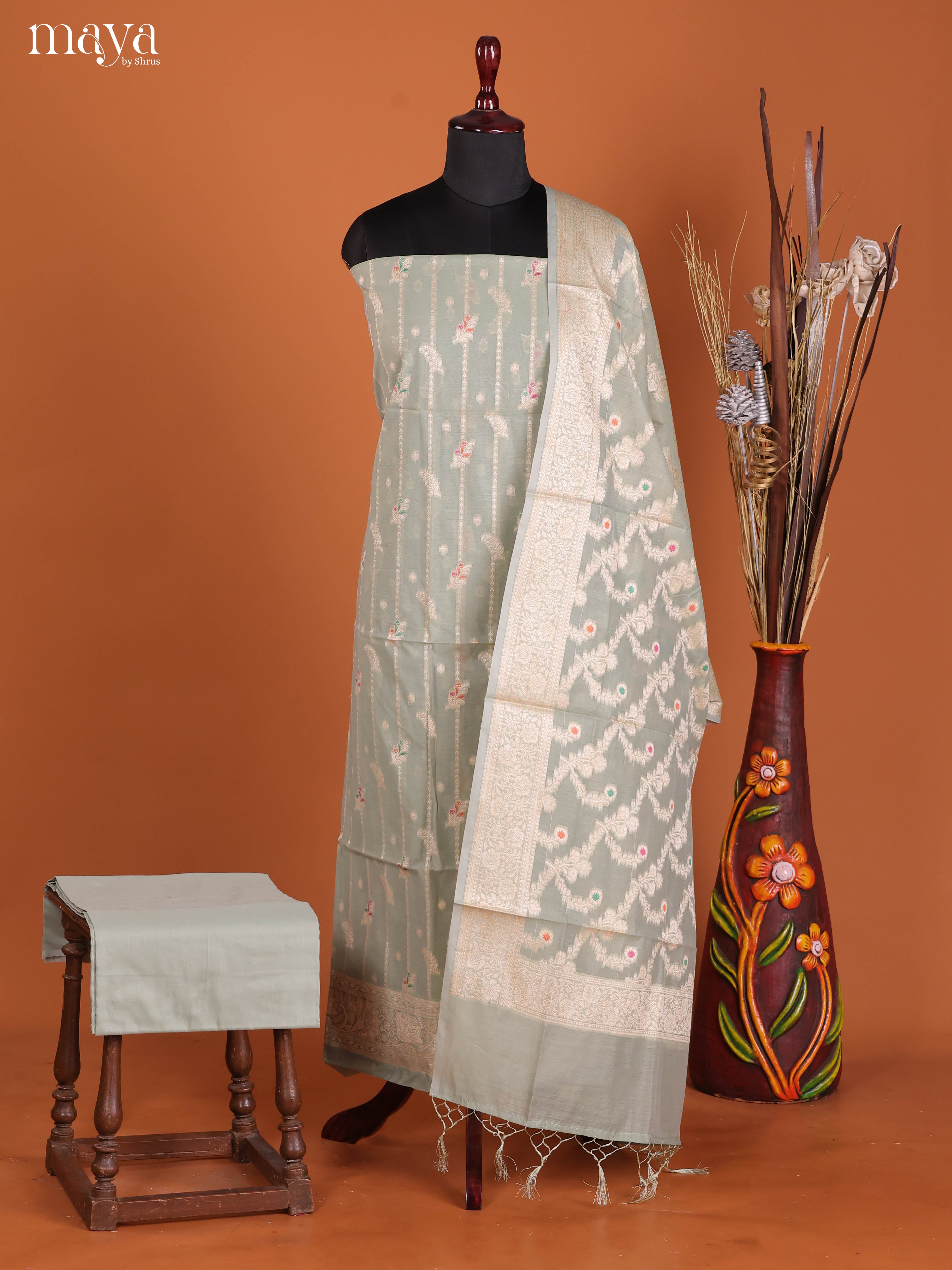 Classy Sage Green Semi Tussar Salwar Suit Material With Zari Design