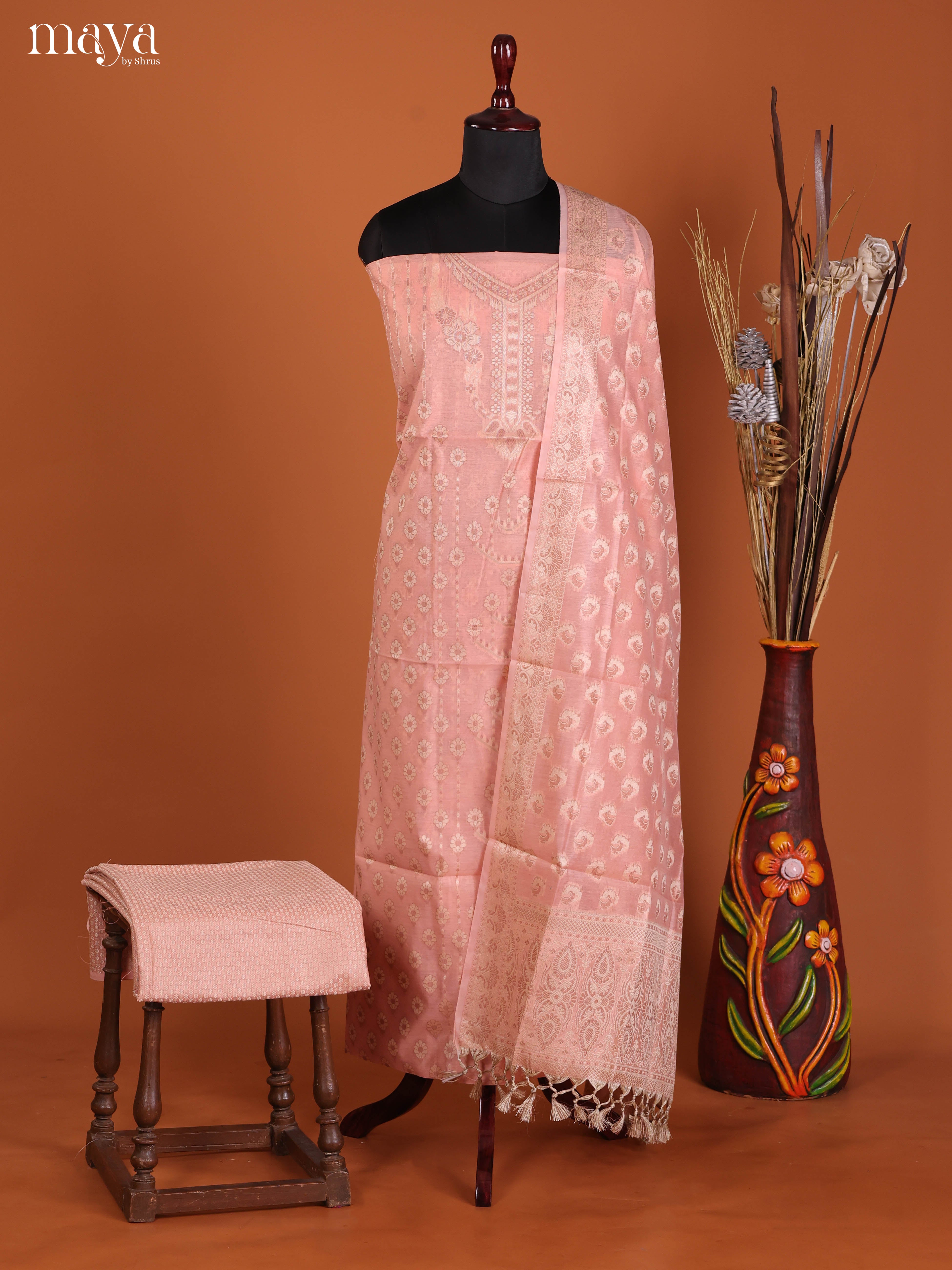 Radiant Peach Semi Tussar Salwar Suit Material With Zari Dupatta